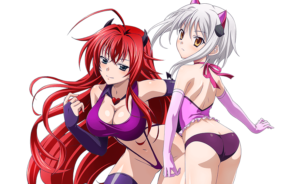 10s 2girls ass blue_eyes breasts bridal_gauntlets crop_top hair_ornament high_school_dxd koneko_toujou large_breasts long_hair looking_at_viewer multiple_girls red_hair rias_gremory thong white_hair yellow_eyes