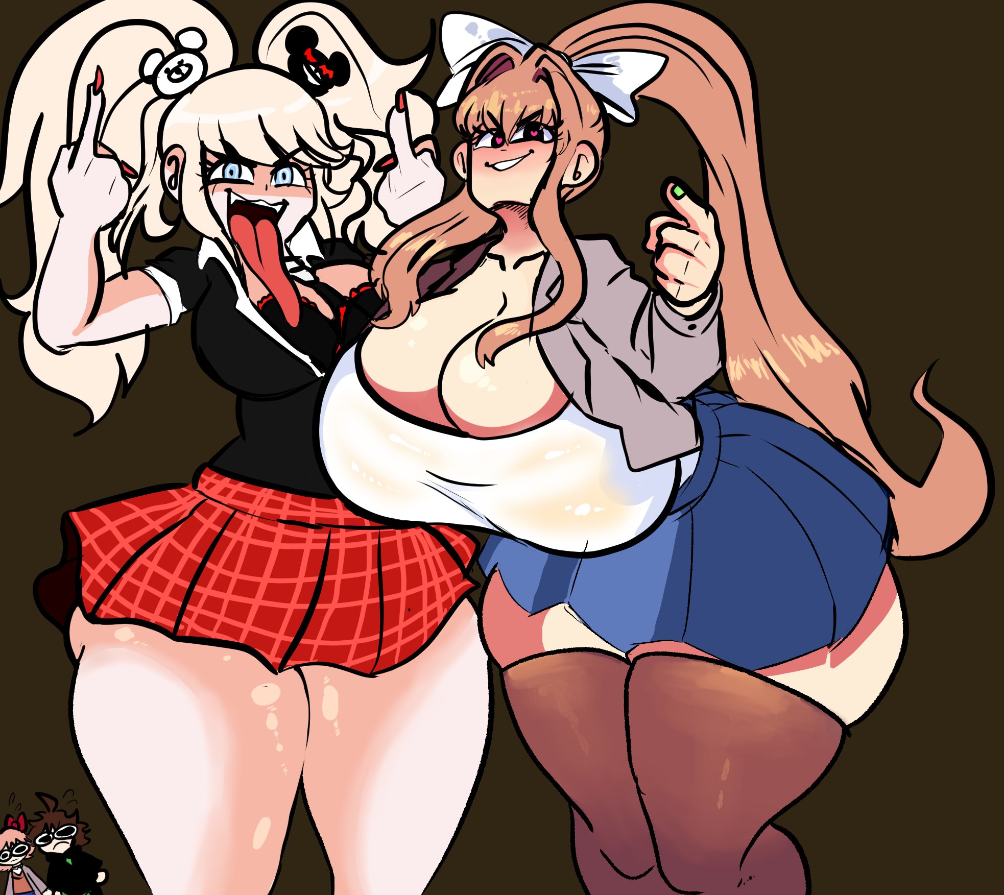 1boy, 3girls, ass, big breasts, black legwear, black thighhighs, blonde hair, blue eyes, blue skirt, bottom heavy, breasts, brown hair, cleavage, crossover, curvy, curvy body, curvy female, curvy figure, danganronpa, danganronpa (series), doki doki literature club, female, female focus, fingernails, green eyes, green nails, heart, heart eyes, heart-shaped pupils, huge breasts, junko enoshima, large breasts, legwear, lemonadepikachu, long tongue, looking at viewer, male, massive ass, medium breasts, middle finger, monika (doki doki literature club), multiple females, multiple girls, naegi makoto, nail polish, open mouth, ponytail, red nails, red skirt, ribbon, school uniform, schoolgirl, short hair, size difference, skirt, straight hair, thick, thick legs, thick thighs, thighhighs, thighs, tongue, tongue out, twintails, white ribbon, wide hips