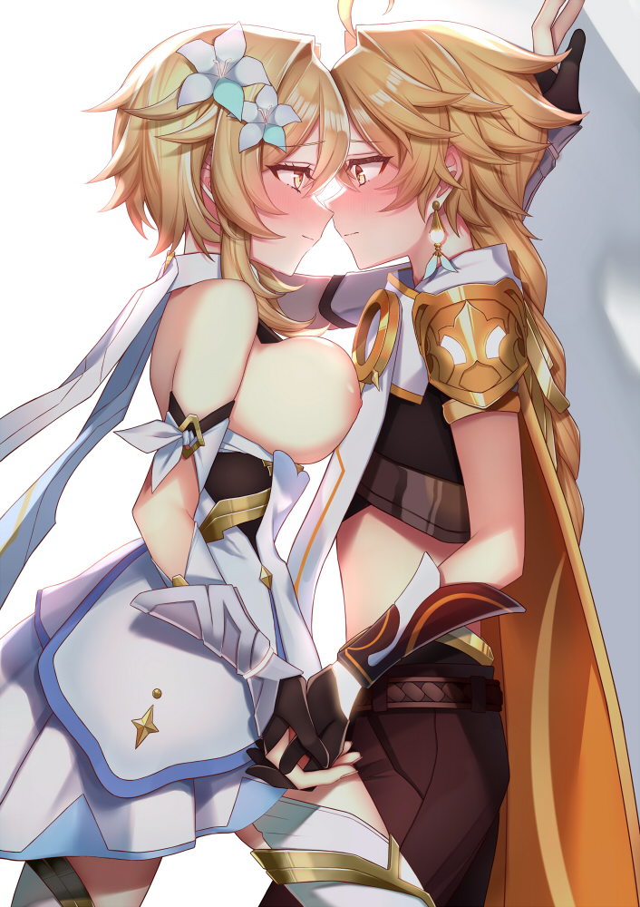 aether (genshin impact), breast press, breasts, brother and sister, family sex, female, genshin impact, hand holding, hoyoverse, incest, kabedon, light skin, light-skinned female, light-skinned male, lumine (genshin impact), male, mihoyo, pressing against, smiling, twincest, twins