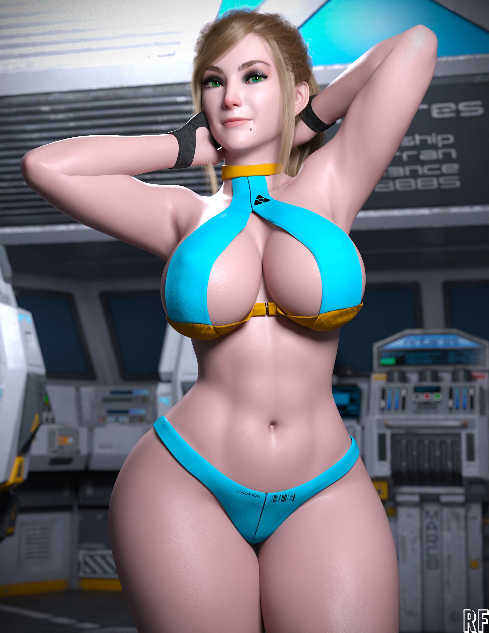 1girls, 3d, big breasts, bimbo, blonde hair, breasts, female, female only, large breasts, looking at viewer, metroid, rude frog, samus aran, thick thighs, wide hips