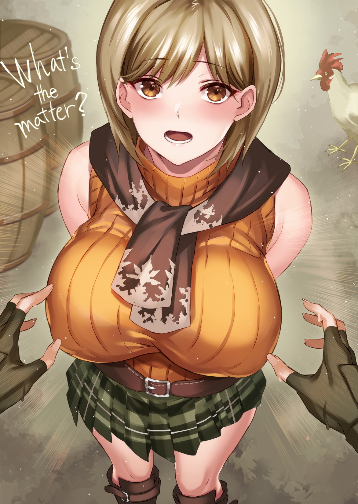 1boy, 1girls, ashley graham, ashley graham (brooke elizabeth mathieson), big breasts, blonde hair, blush, breasts, capcom, eye contact, female, hikari (komitiookami), large breasts, leon scott kennedy, looking at viewer, male, orange eyes, resident evil, resident evil 4, skirt, text, thick thighs, thighs, white female, white male