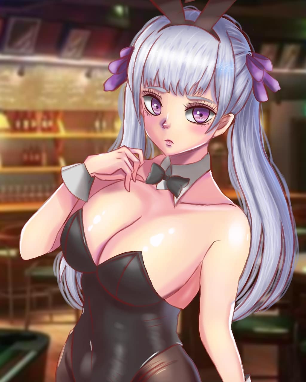 1girls, animal costume, animal ears, bangs, bare shoulders, black clover, blush, braid, breasts, bunny ears, bunny girl, bunny hair ornament, bunnysuit, cleavage, closed mouth, fake animal ears, female, grey hair, guolfeich, hair ornament, highres, large breasts, leotard, long hair, looking at viewer, noelle silva, panties, pantyhose, playboy bunny, purple eyes, rabbit, rabbit ears, silver hair, smile, tagme, twintails