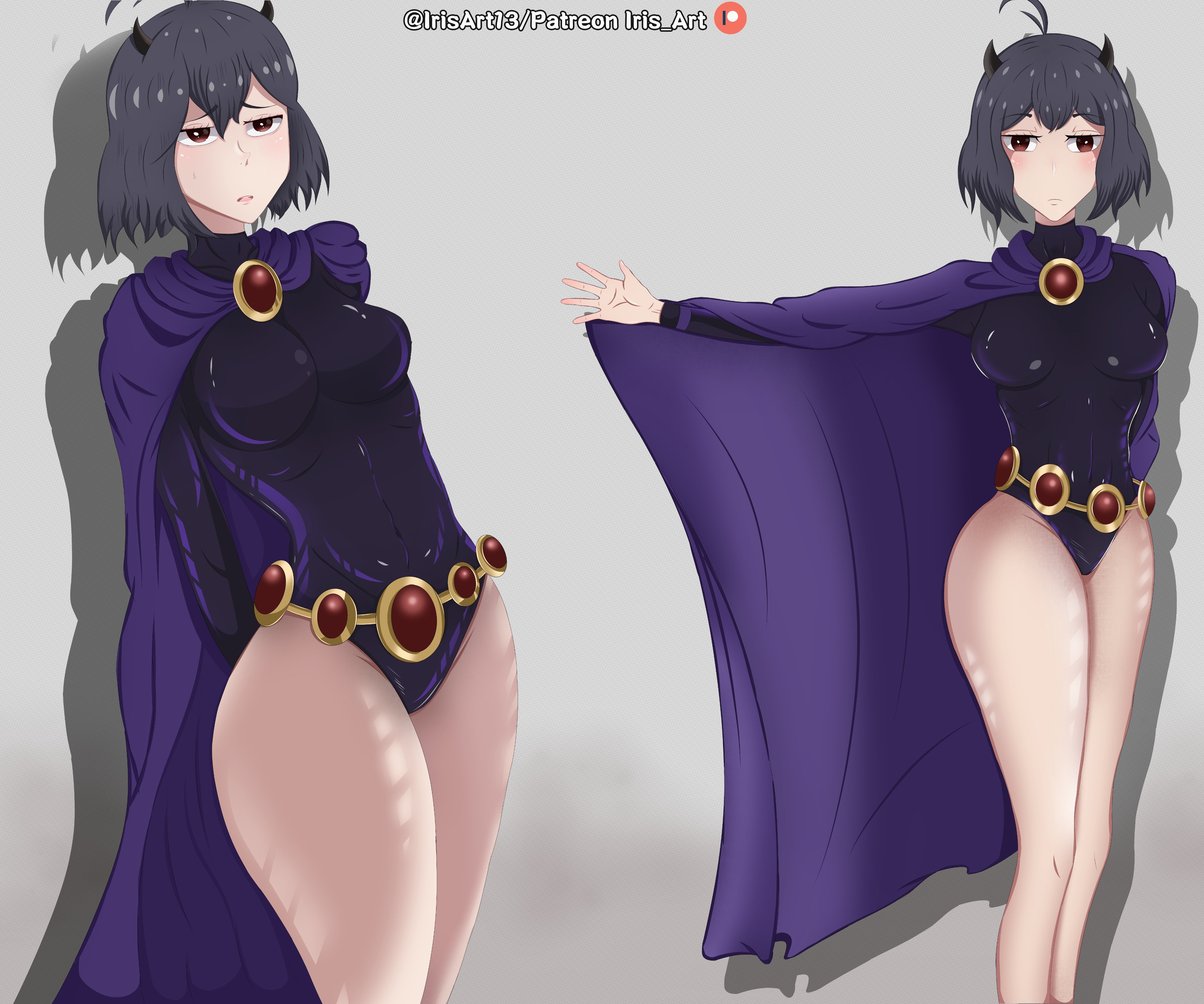 1girls, black clover, black hair, breasts, cosplay, dc, dc comics, female, female only, raven (cosplay), raven (dc), red eyes, secre swallowtail, short hair, smooth skin, solo, teen titans, thick thighs, thighs, tight clothing
