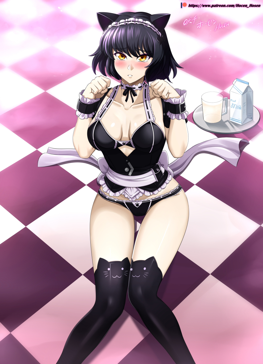 absurdres animal_ear_legwear animal_ears artist_name black_hair blake_belladonna blush breasts cat_ear_legwear cat_ears cat_girl checkered checkered_floor choker cleavage collarbone cup detached_sleeves eyebrows_visible_through_hair female hair_between_eyes highres hocen hocenwatermark looking_at_viewer maid maid_headdress medium_breasts milk_carton patreon_username paw_pose rwby short_hair short_sleeves solo teeth thighhighs tile_floor tiles tray web_address wrist_cuffs yellow_eyes