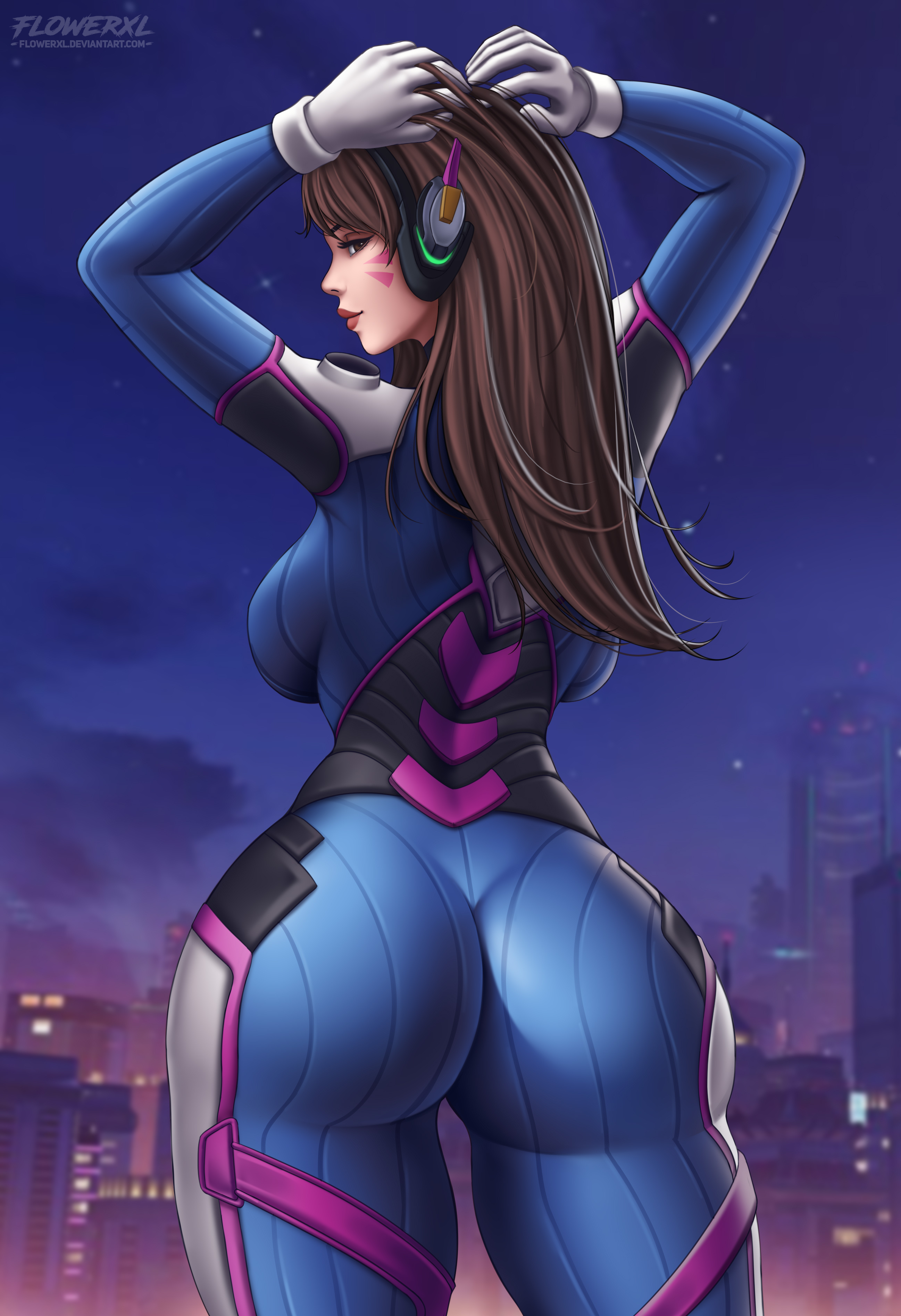 1girls, 2021, 2d, 2d (artwork), adjusting hair, alternate version available, artist name, ass, big ass, big breasts, bodysuit, breasts, brown eyes, brown hair, brown lips, bubble ass, bubble butt, busty, busty female, city background, clothed, clothed female, d.va, dat ass, dat butt, female, female only, fixing hair, flowerxl, fully clothed, human, human only, lipstick, looking back at viewer, medium hair, night, overwatch, paag, questionable, solo, solo female, thick thighs, thunder thighs