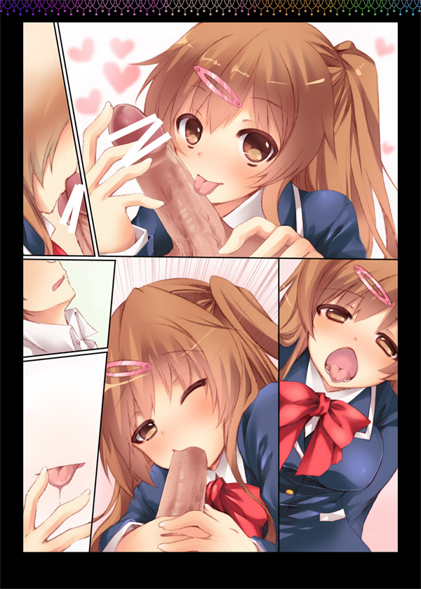 blush brown_eyes brown_hair censored chuunibyou_demo_koi_ga_shitai! eyebrows_visible_through_hair hairclip licking licking_penis long_hair nibutani_shinka open_mouth oral school_uniform side_ponytail straight teenager throat tongue tongue_out twintails uniform wink yuunagi_seshina