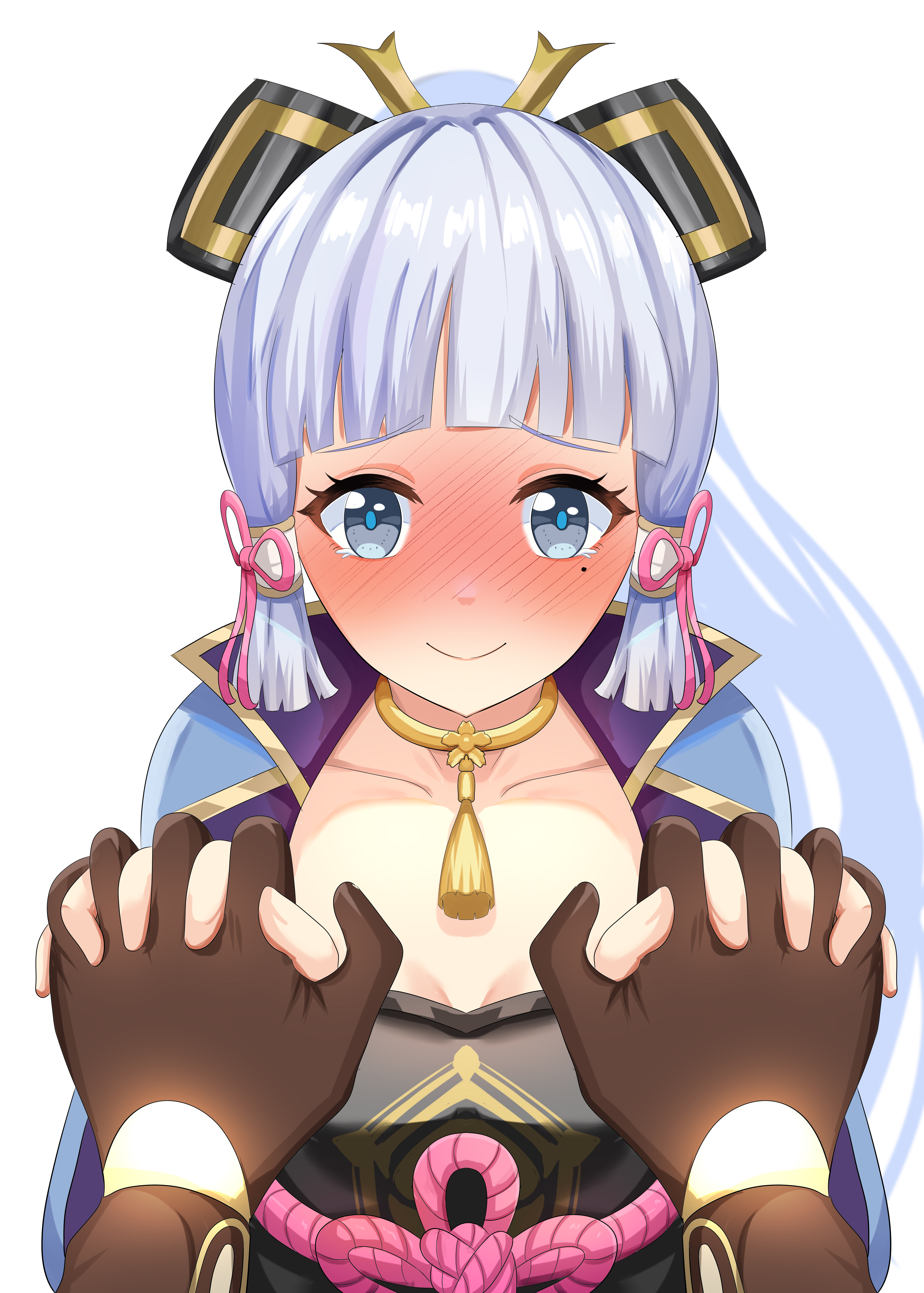 1boy, 1girls, aether (genshin impact), assertive female, beauty mark, blush, cute, female, flustered, genshin impact, gloves, hand holding, holding hands, interlocked fingers, kamisato ayaka, light skin, light-skinned female, long hair, male, male pov, male/female, mole, mole under eye, ponytail, pov, simple background, smile, tied hair, white background, wholesome