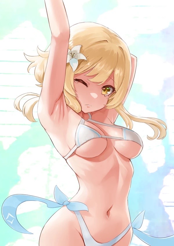 1girls, armpits, artist request, big breasts, bikini, blonde hair, breasts, female, genshin impact, lumine (genshin impact), midriff, navel, swimsuit, thighs, yellow eyes