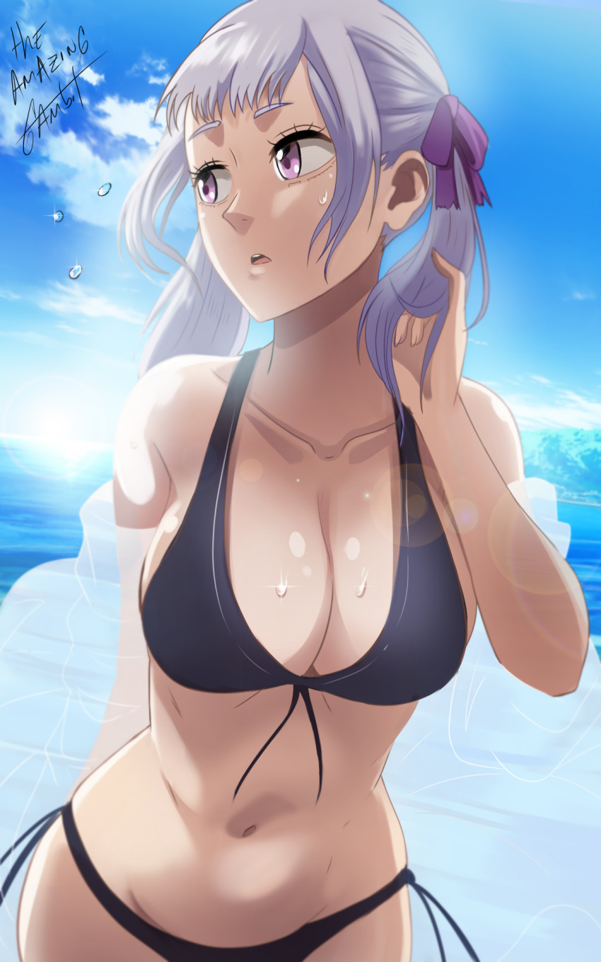 1girls, big breasts, black clover, breasts, female, female only, noelle silva, purple eyes, silver hair, solo, the amazing gambit