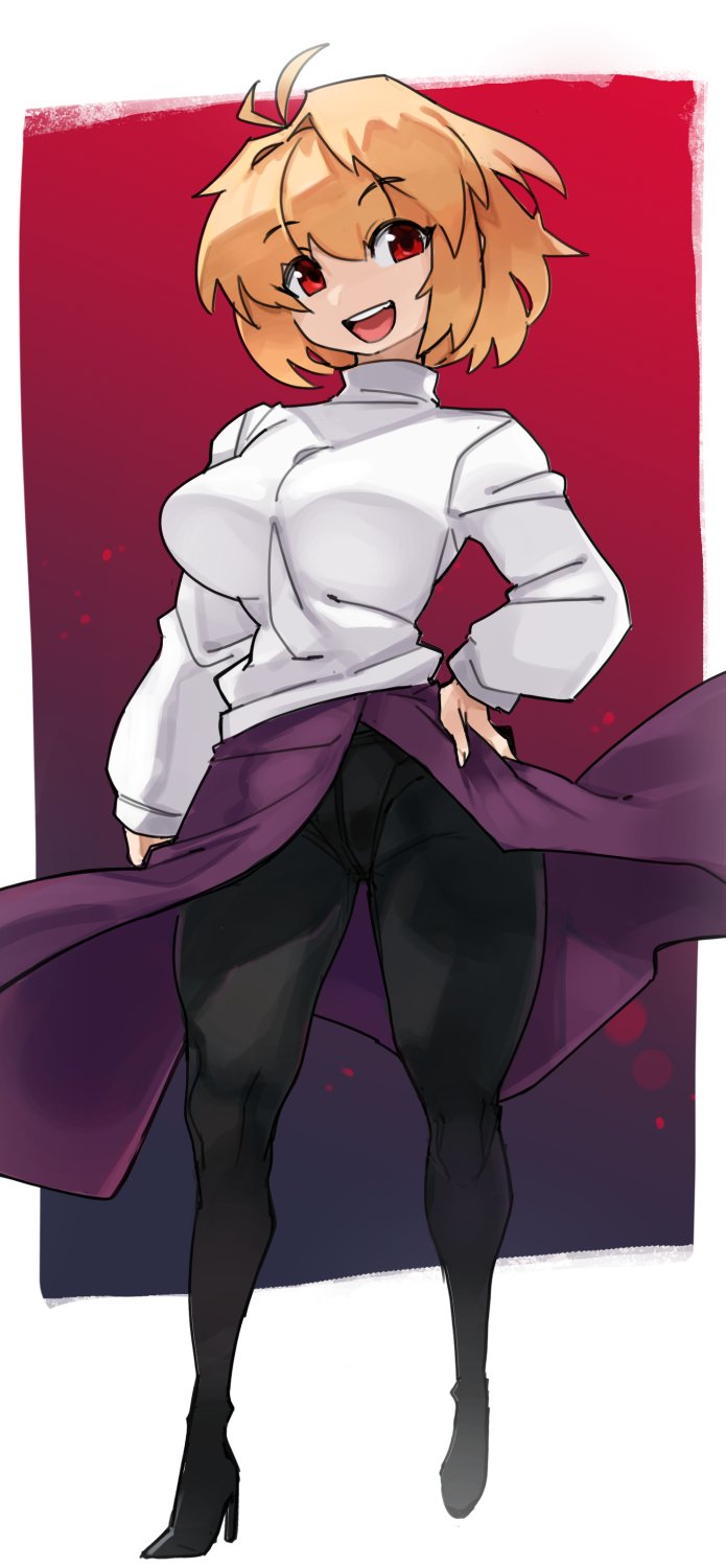 1girls, ahoge, arcueid brunestud, blonde hair, clothing, female, female only, full body, hand on hip, heels, hi res, long skirt, looking at viewer, medium hair, open mouth, panties under pantyhose, pantyhose, red eyes, skirt, slim waist, smile, solo, solo female, sweater, tsukihime, type-moon, zanamaoria