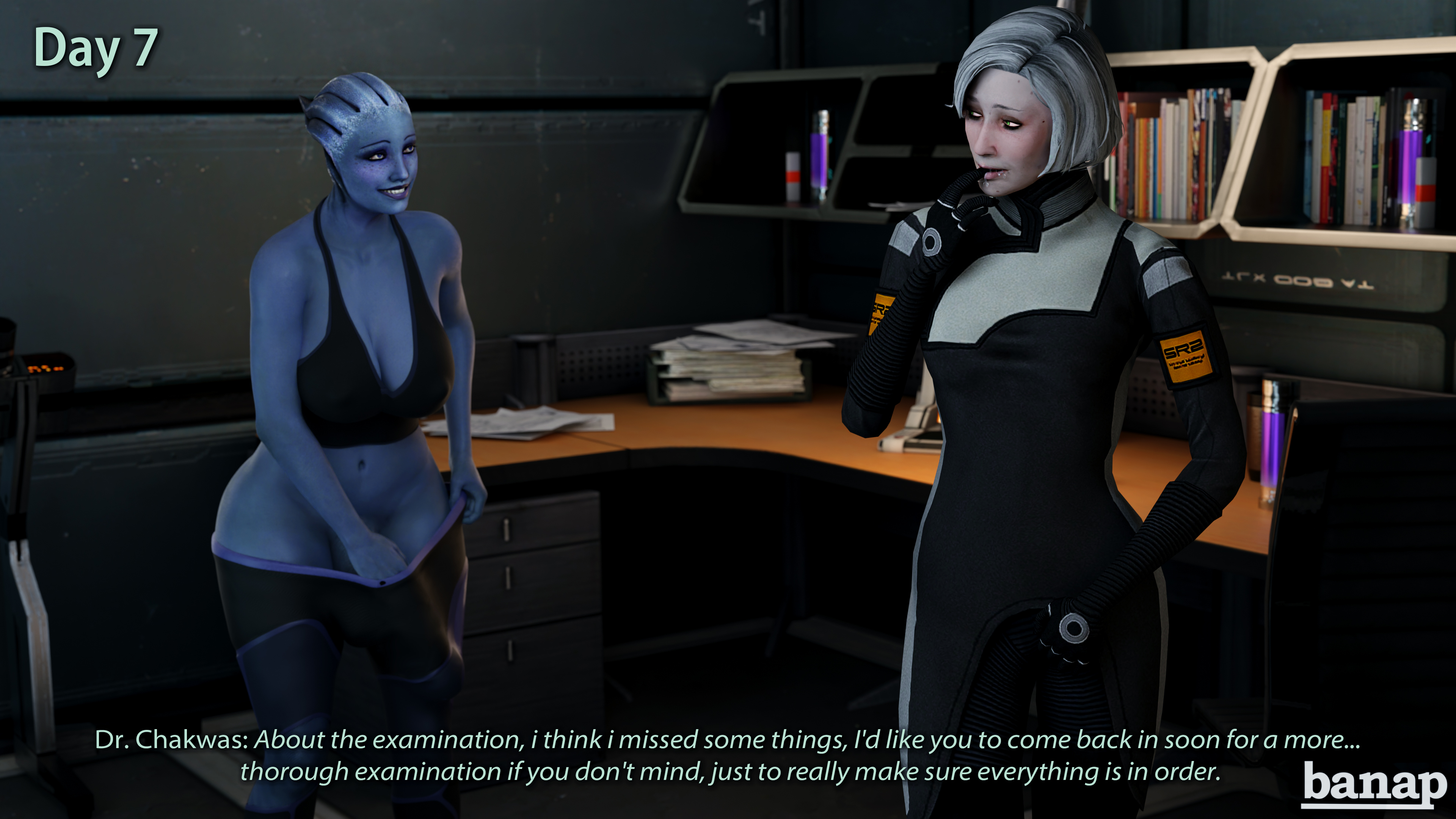 1futa, 1girls, 3d, 3d (artwork), alien, asari, banap, blender, blue skin, blush, comic, comic page, dialogue, doctor, dr. karin chakwas, english text, female, futanari, intersex, interspecies, liara t'soni, mass effect, no nut november, older female, sci-fi, science fiction, smile, smiling, text, younger futa