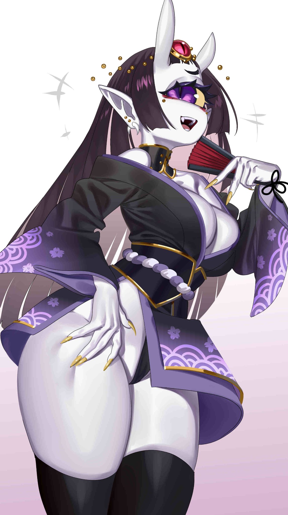 1girls, aya (lewderie), bangs, black hair, black thighhighs, cleavage, collar, cyclops, ear piercing, earrings, eye piercing, fangs, female, female only, folding fan, forehead jewel, hi res, japanese clothes, long fingernails, long hair, nia (nia4294), oni, oni horns, open mouth, pointy ears, pose, purple eyes, solo, solo female, thick thighs, thighhighs, white background, white skin, yellow fingernails, yellow sclera