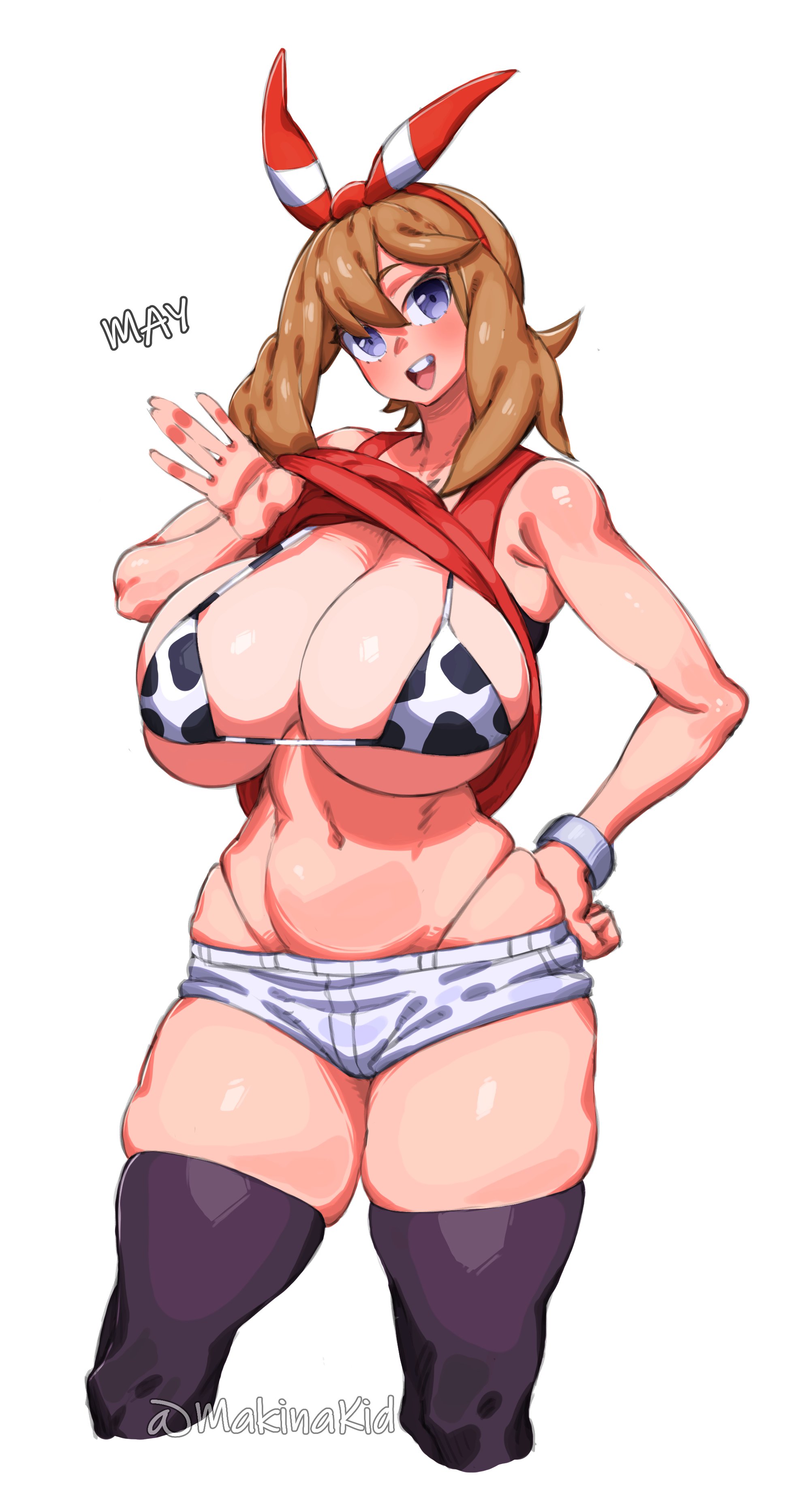 1girls, alternate breast size, alternate version available, big breasts, breasts, cow bikini, eye contact, female, huge breasts, large breasts, looking at viewer, makinakid, may (pokemon oras), may (pokemon), minishorts, nintendo, pokemon, pokemon oras, shirt lift, shorts, solo, standing, thick thighs, thigh gap, thighhighs, thighs, thong