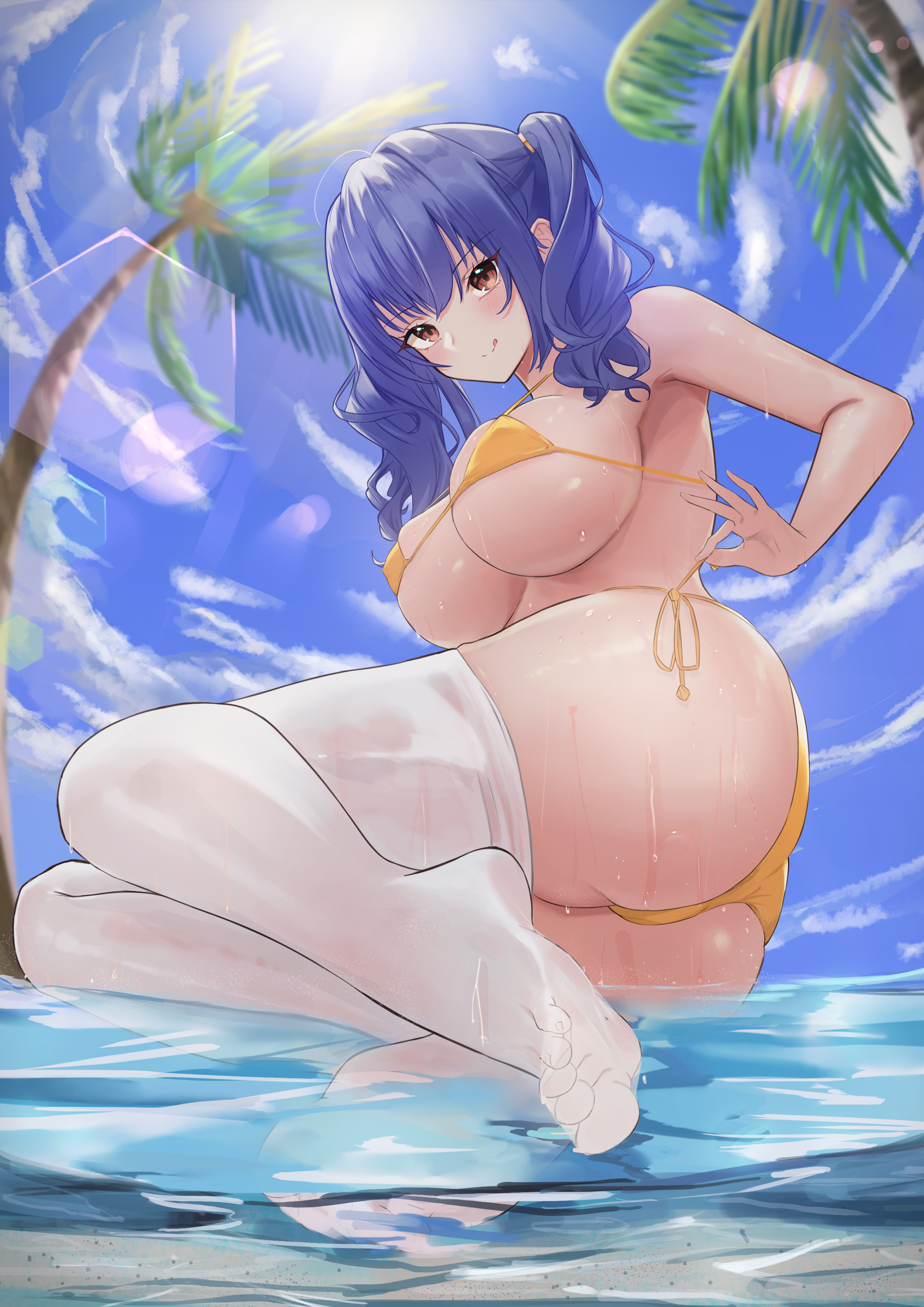 1girls, 2021, ass, azur lane, big ass, bikini, bikini bottom, bikini top, blue hair, breasts, covered nipples, eyebrows, female, female focus, female only, legwear, lim (ramu), looking at viewer, micro bikini, micro bikini top, partially submerged, pola (azur lane), pola (seaside coincidence) (azur lane), smile, smiling, solo, solo female, thick thighs, thighs, twintails, wet, wet body, wet legwear, wet skin, white legwear, yellow bikini, yellow bikini bottom, yellow bikini top