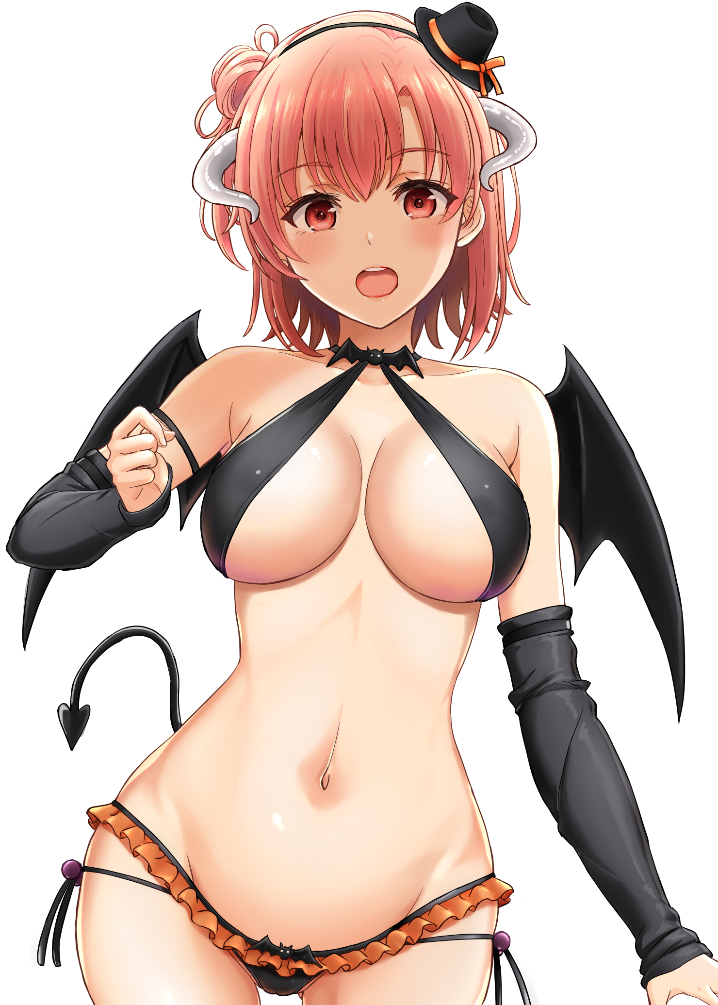 1girls, bangs, big breasts, black headwear, black panties, breasts, demon horns, demon tail, demon wings, detached sleeves, eyebrows visible through hair, female, frills, halloween, hat, headwear, horn, horns, inanaki shiki, large breasts, looking at viewer, mini hat, my teen romantic comedy snafu, navel, necklace, open mouth, panties, pink eyes, pink hair, short hair, side-tie panties, solo, tail, underwear, white background, wings, yuigahama yui