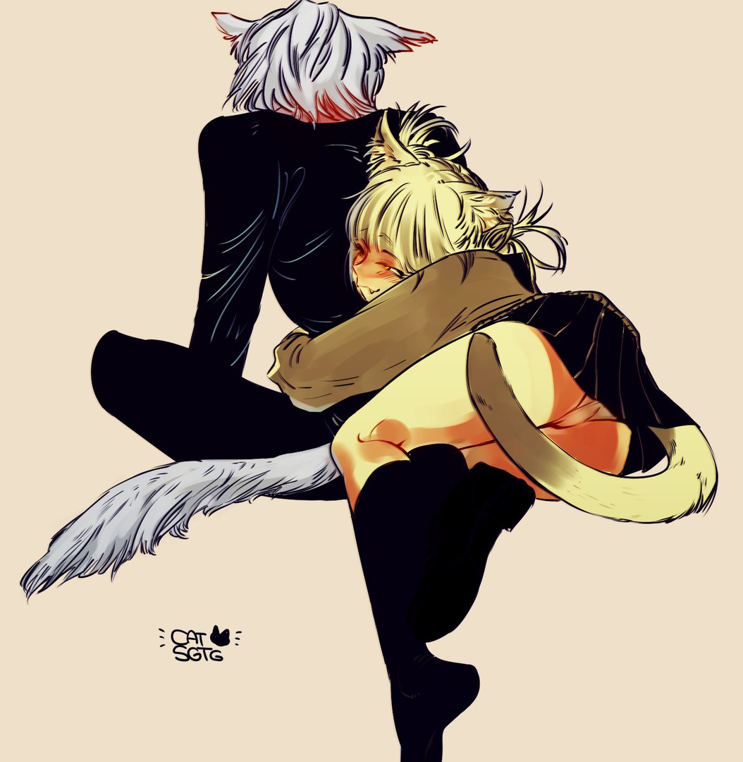 1boy, 1girls, animal ears, animal tail, ass, cat ears, cat girl, cat tail, catgirl, dog ears, dog tail, female, flashing panties, himiko toga, hugging, hugging from behind, male, my hero academia, panties, school uniform, shigaraki tomura, short skirt, skirt lift, tail, thighs, toga himiko, tomura shigaraki, under skirt, villain