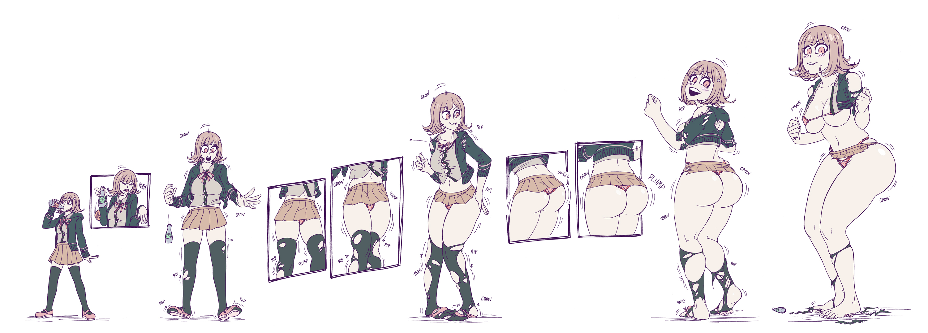 1girls, ass, ass expansion, barefoot, bimbo, bimbofication, breast expansion, breast growth, breast growth (enlargement), breasts, danganronpa, danganronpa 2: goodbye despair, feet, female, getting bigger, growth, homer-rier, huge ass, huge breasts, nanami chiaki, personality change, smooth skin, soles, solo, super danganronpa 2, thick thighs, toenails, toes, torn clothes, torn clothing, torn legwear, torn shoes, transformation, wide hips