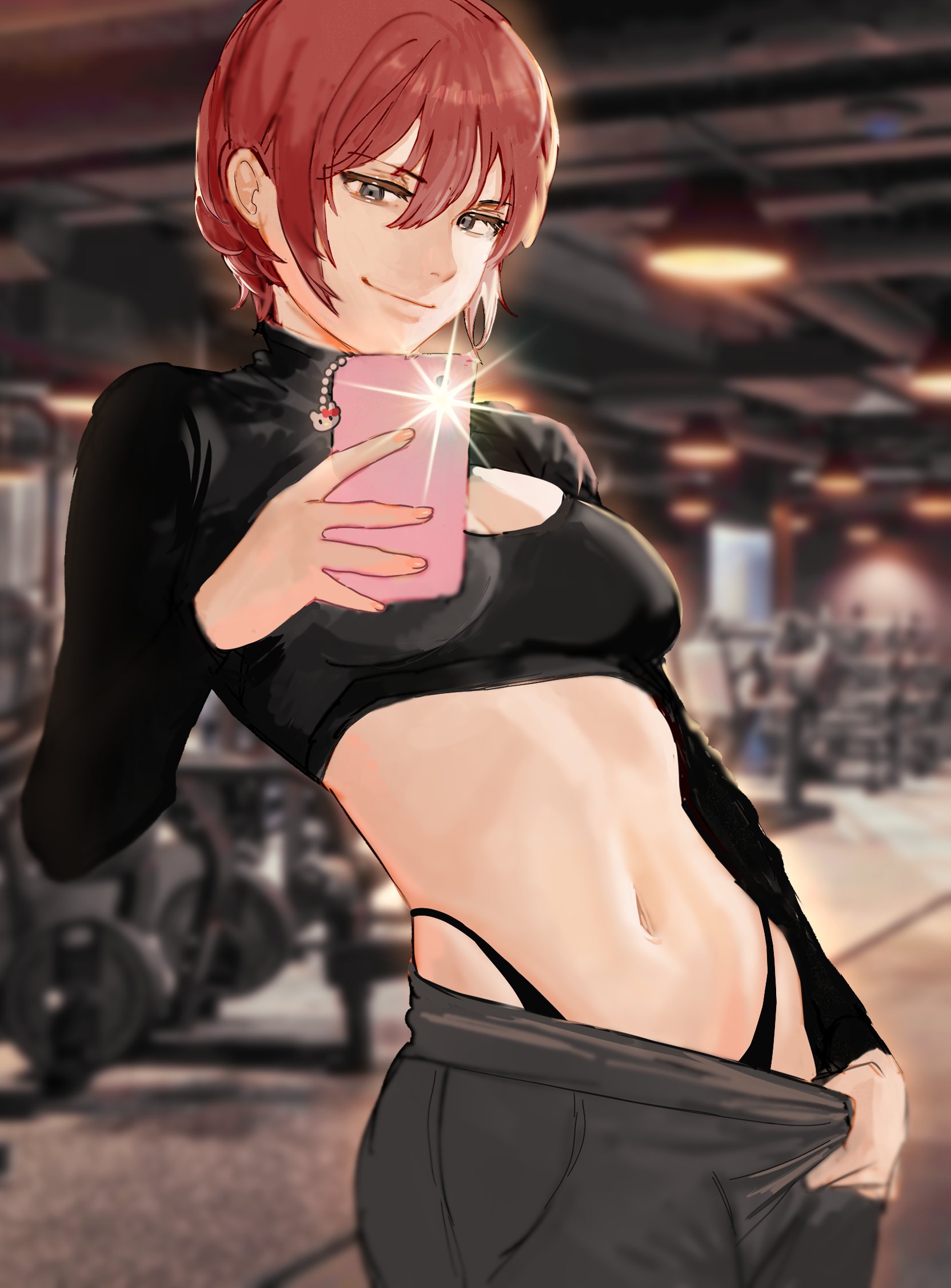 breasts, clothed, crop top, female, gym, han soo-min, hanny (uirusu chan), highleg panties, naughty face, navel, pants pull, red hair, selfie, small breasts, stomach, tomboy, toned, toned female, very short hair
