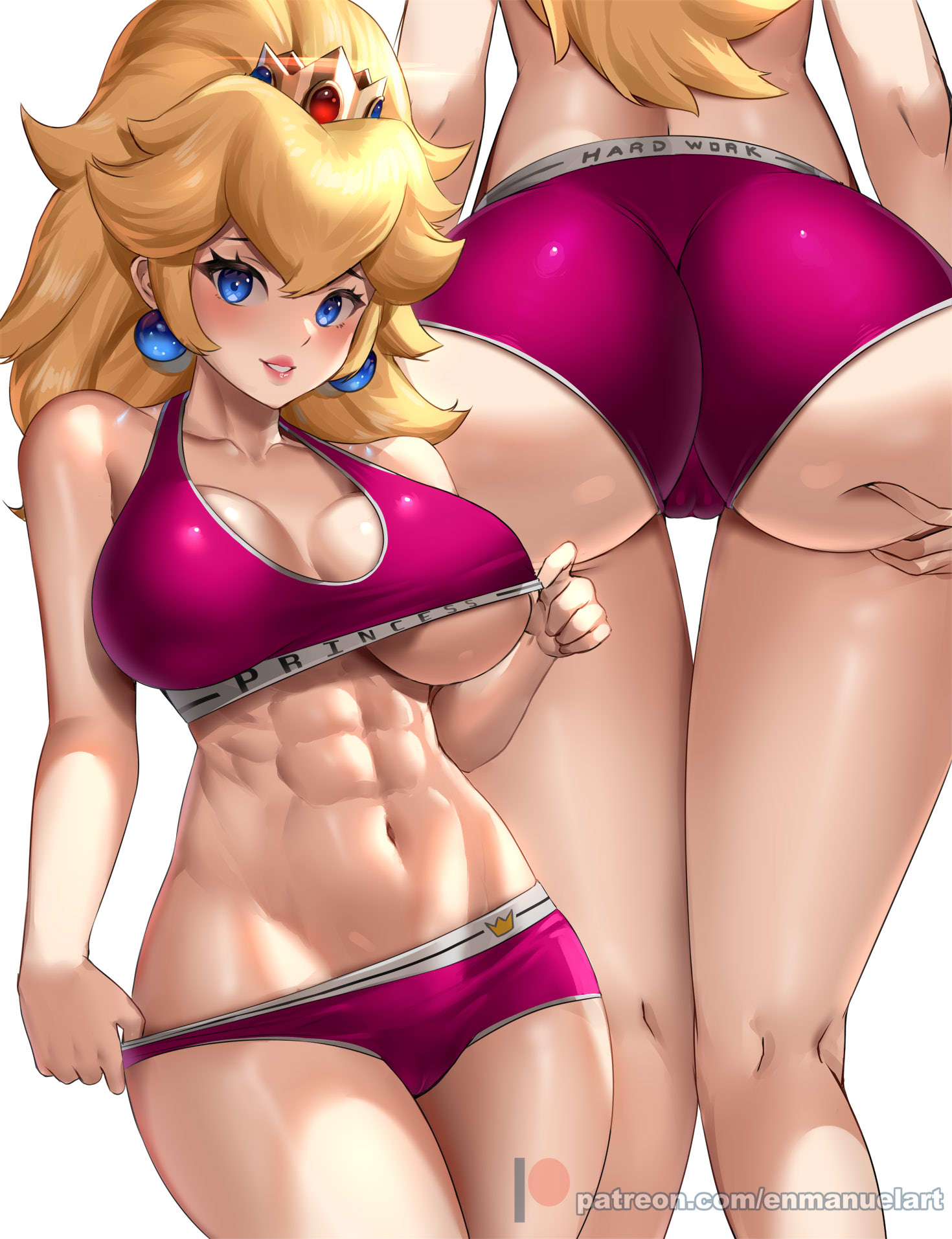 1girls, 2021, abs, alternate breast size, artist signature, ass, ass focus, ass shot, big ass, blonde, blonde hair, blue eyes, blush, booty shorts, breast focus, breasts, bubble ass, bubble butt, cameltoe, cleavage, clothing, crown, earrings, enmanuelart20, female, female focus, female only, fit, fit female, grabbing own ass, high ponytail, hips, huge ass, large breasts, lipstick, long hair, looking at viewer, mario (series), multiple views, navel, nintendo, ponytail, princess, princess peach, pussy, reaching back, royalty, short shorts, shorts, simple background, slim waist, smile, solo, sports bra, sportswear, standing, thick lips, thick thighs, thigh gap, thighs, tied hair, tight clothing, tight fit, toned, toned female, underboob, white background, wide hips