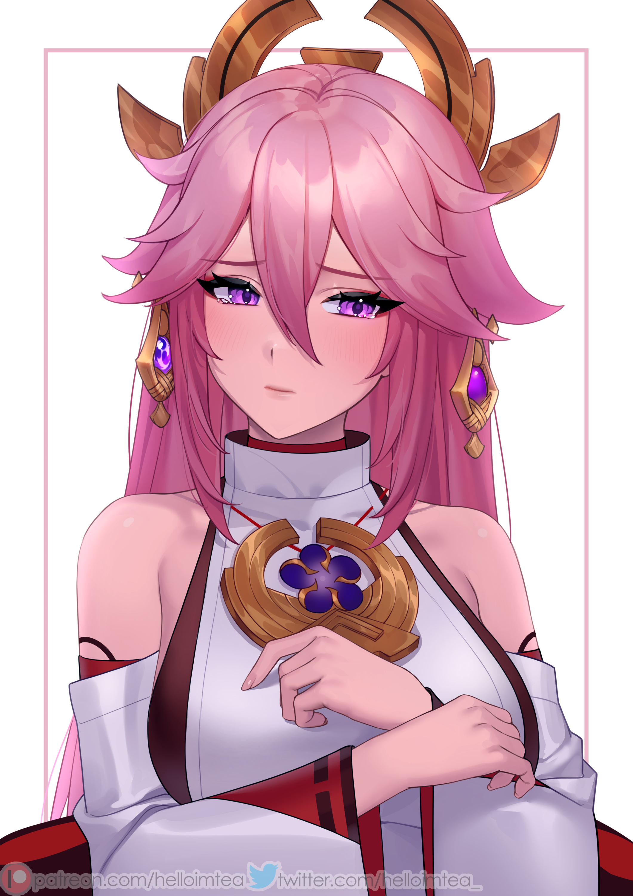 absurdres, breasts, female, genshin impact, hair ornament, helloimtea, highres, large breasts, long hair, looking at viewer, pink hair, upper body, white background, yae miko