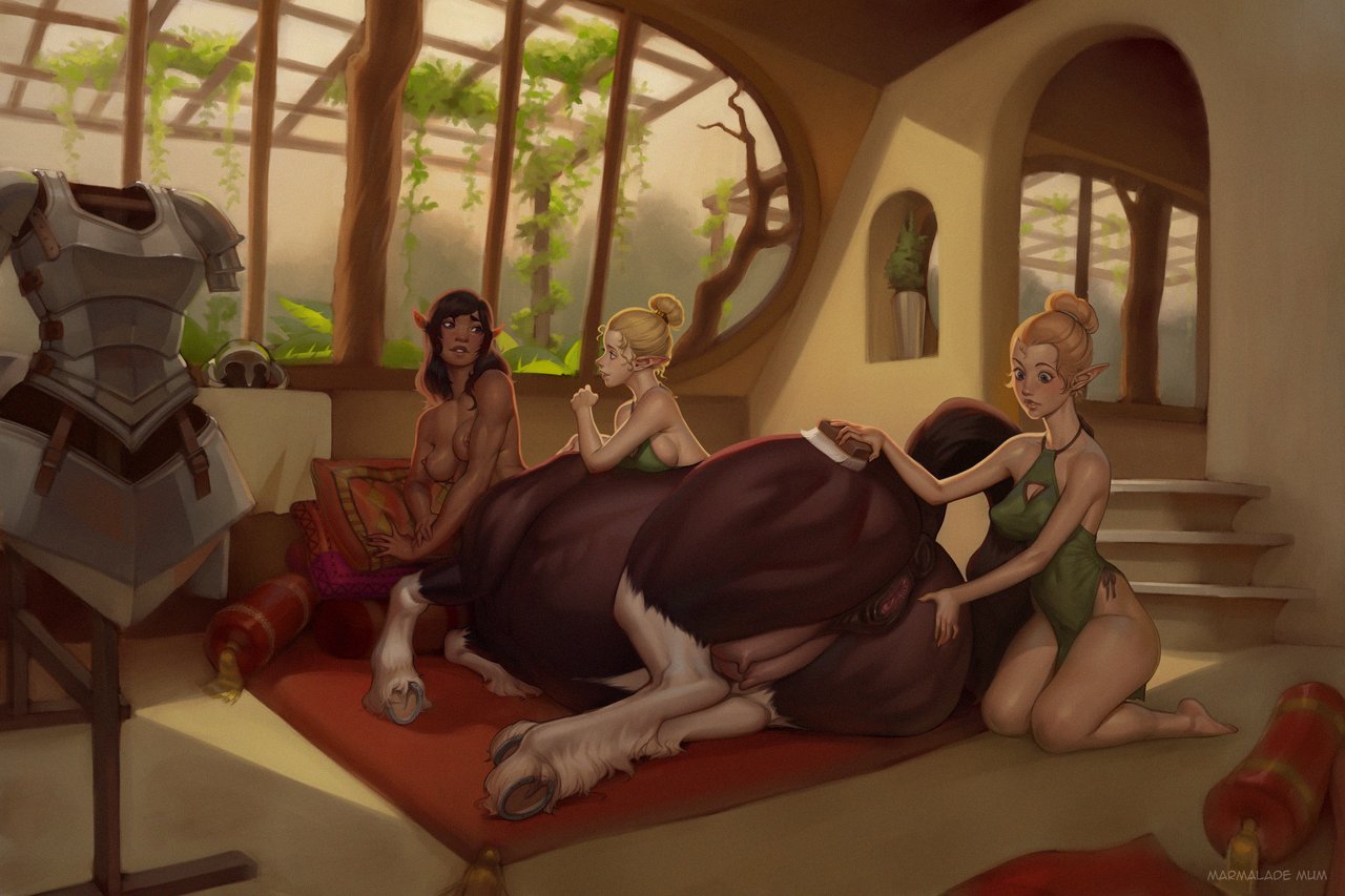 3girls, animal pussy, anus, areolae, ass, big ass, big breasts, breasts, centaur, centauress, elf, elf ears, female, female only, large breasts, mare pussy, marmalademum, multiple females, multiple girls, nipples, nude, pussy, taur