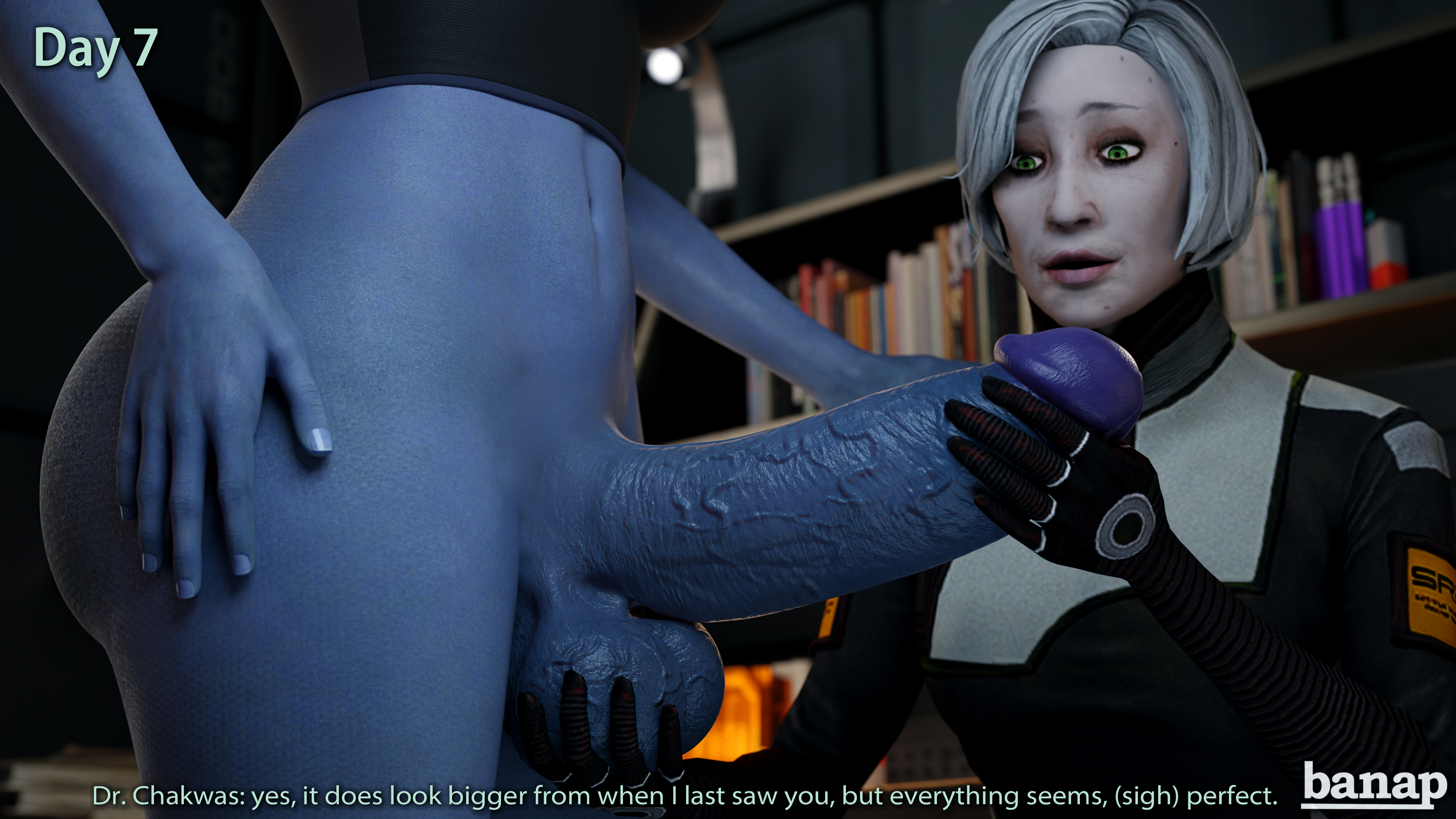1futa, 1girls, 3d, alien, asari, balls, banap, blender, blue skin, cock shock, comic, comic page, dialogue, doctor, dr. karin chakwas, english text, female, futanari, green eyes, holding balls, holding penis, huge cock, huge penis, intersex, interspecies, liara t'soni, mass effect, no nut november, older female, penis, penis awe, sci-fi, science fiction, text, younger futa