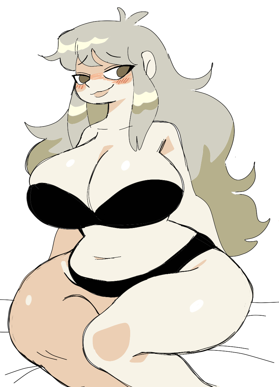 bed_sheet black_bra black_panties blush grey_eyes grey_hair jess_samson looking_at_viewer puppychan shortstack