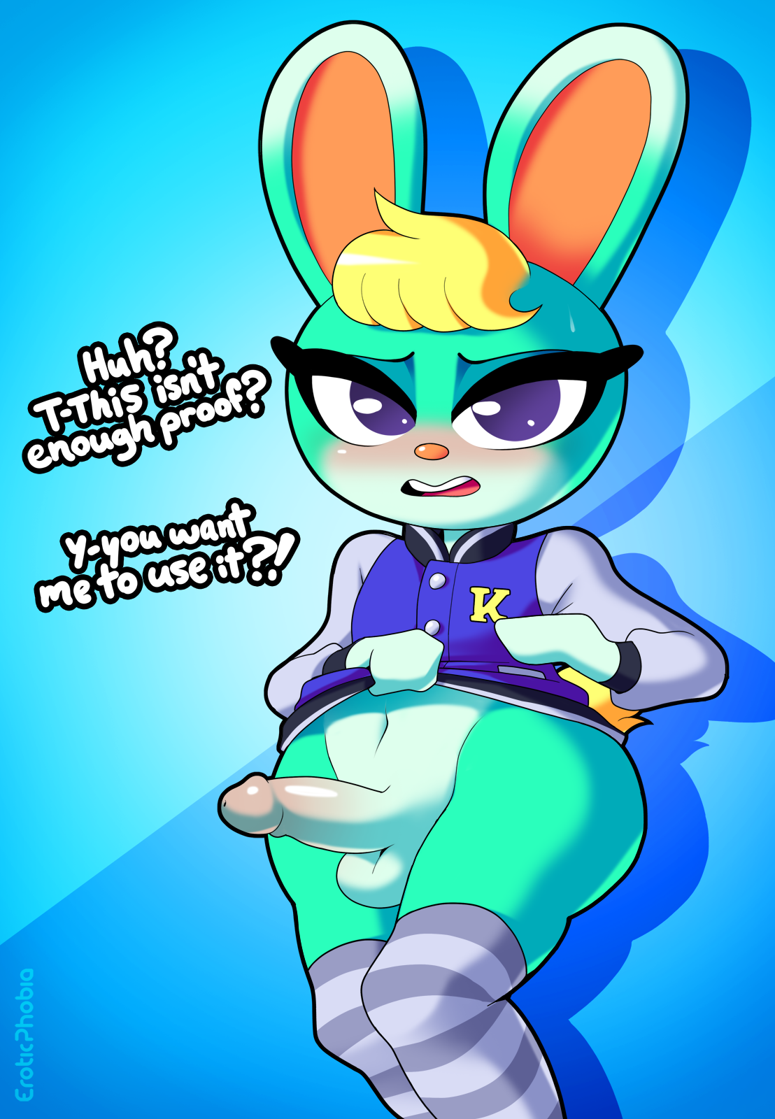 animal crossing, anthro, big penis, clothed, clothing, clothing lift, digital media (artwork), embarrassed, eroticphobia, femboy, footwear, genitals, hi res, jacket, knee highs, knee socks, lagomorph, legwear, leporid, male, male focus, male only, male solo, mammal, nintendo, penis, rabbit, sasha (animal crossing), shaded, socks, solo, solo male, topwear, varsity jacket, video games
