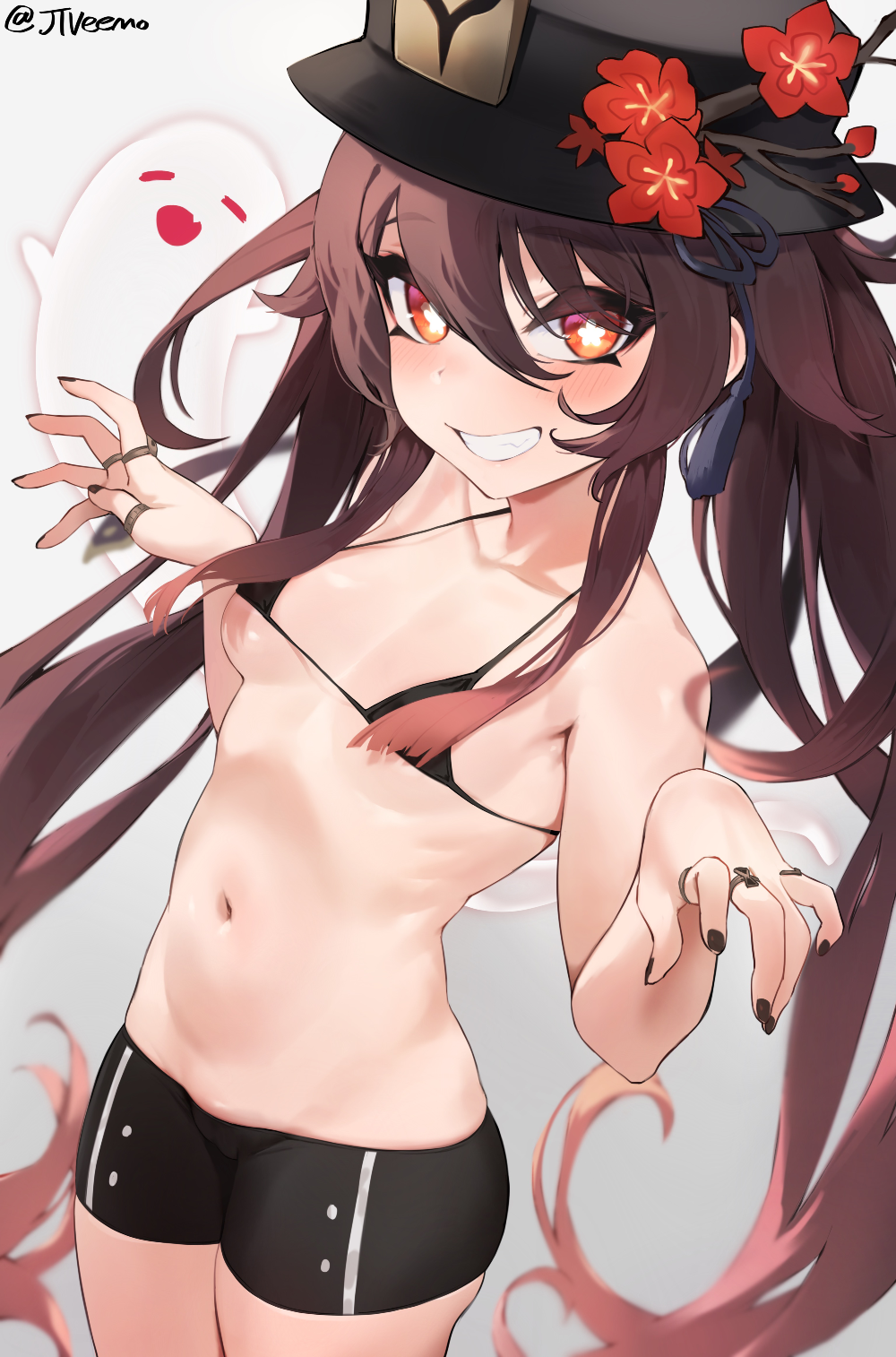 1girls, 2021, areolae, artist signature, bikini, bikini top, blush, breasts, brown eyes, brown hair, erect nipples, female, female focus, female only, genshin impact, ghost, hat, hu tao (genshin impact), jtveemo, long hair, looking at viewer, naughty face, nipples, painted nails, perky breasts, petite, short shorts, shorts, small breasts, smile, star-shaped pupils, suggestive look, symbol-shaped pupils, twintails