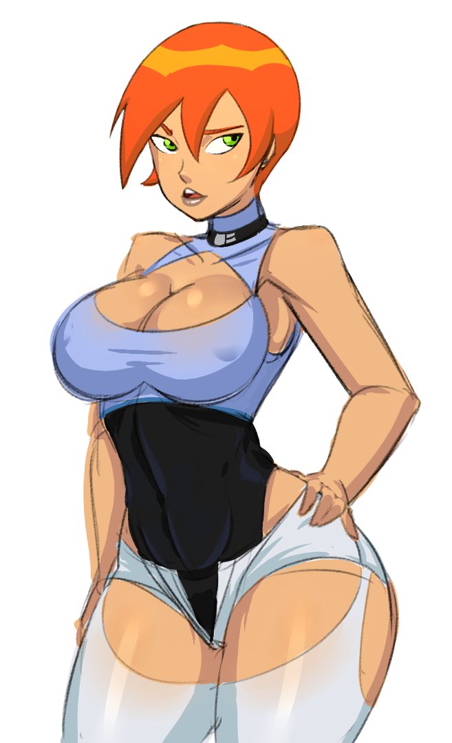 1girls, ben 10, ben 10 (classic), big breasts, breasts, cartoon network, choker, cleavage, clothing, curvaceous, curvy, curvy figure, donchibi, female, female focus, female only, future gwen, future gwen (ben 10,000), green eyes, gwen tennyson, hand on hip, hips, lips, lipstick, long hair, looking at viewer, milf, nipple bulge, orange hair, pants, ponytail, smile, smiling, smiling at viewer, thick thighs, tied hair, tight clothing, voluptuous, wide hips