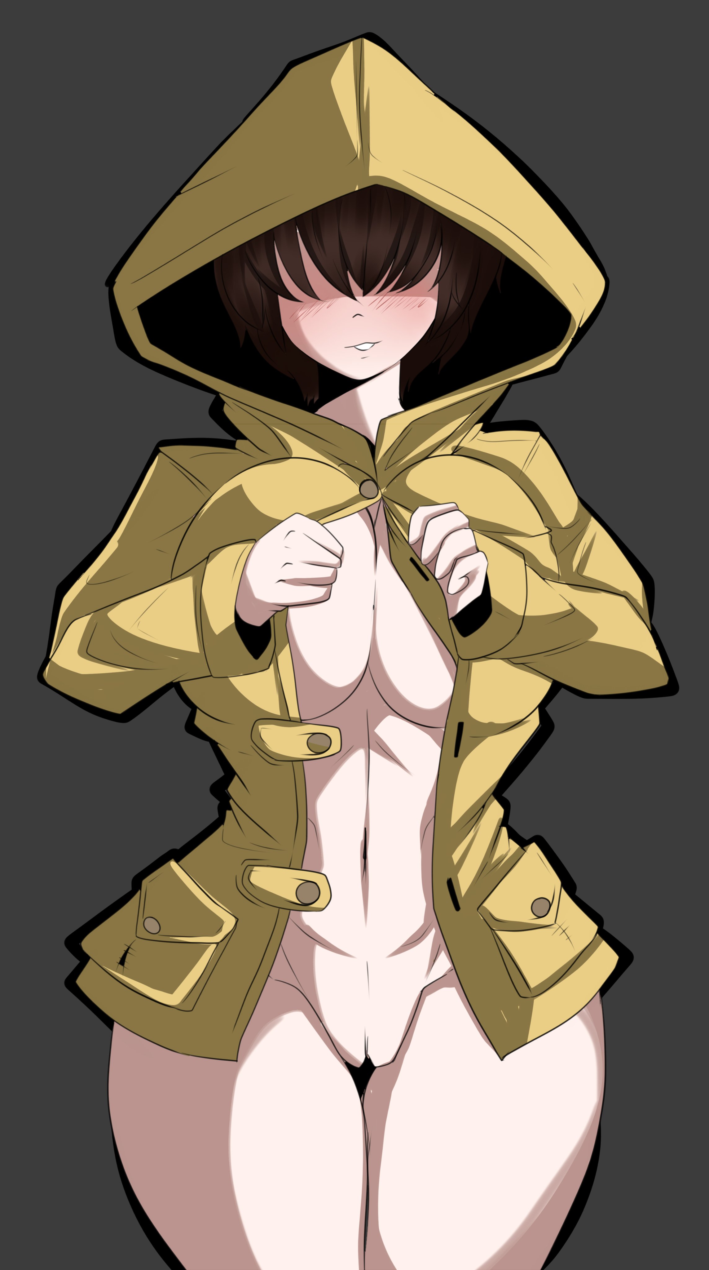 1girls, barefoot, black hair, breasts, casual, coat, comicomryu, female, female focus, female only, hair covering eyes, half dressed, half naked, half-dressed, human, little nightmares, medium breasts, outerwear, pale skin, raincoat, six (little nightmares), solo female, thick thighs, yellow raincoat