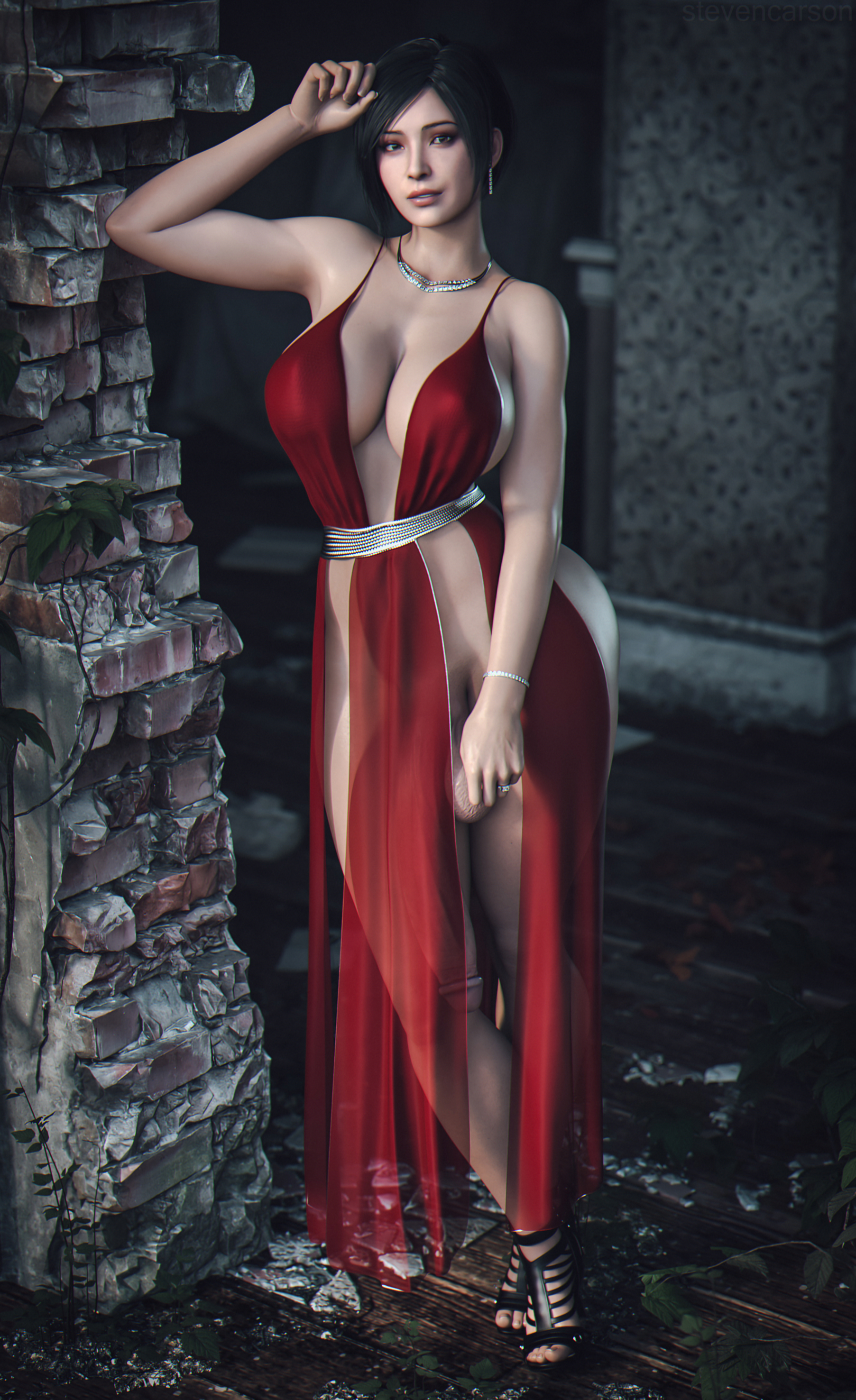 1futa, 3d, ada wong, asian futa, big breasts, breasts, clothed, clothing, dress, futa only, futanari, huge cock, human, intersex, large breasts, light skin, light-skinned futa, mostly clothed, mostly nude, pale skin, penis, penis to the knees, resident evil, resident evil 2, solo, standing, stevencarson, thick thighs, wide hips