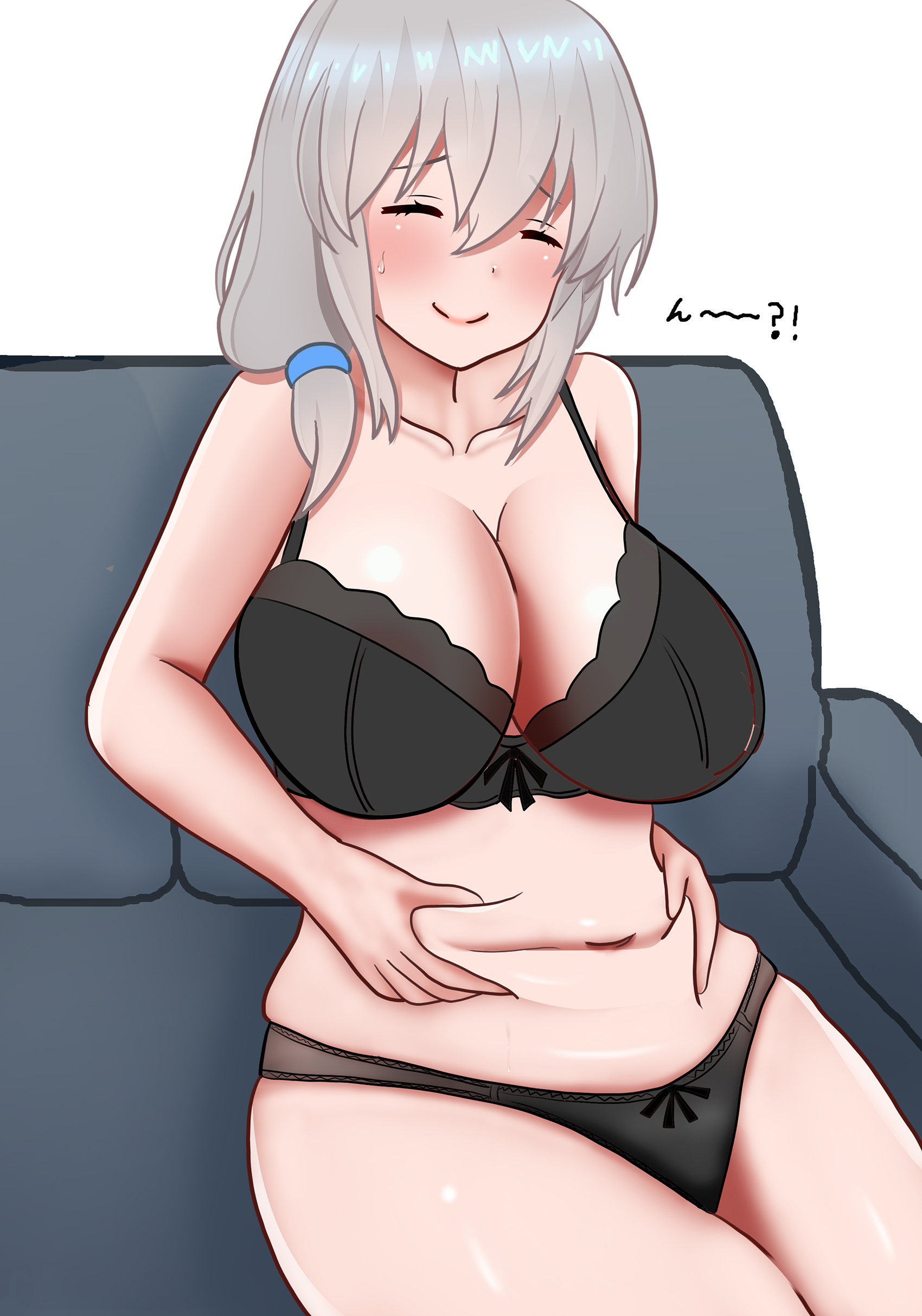 1girls, big breasts, black bra, black panties, bra, breasts, cleavage, closed eyes, couch, female, female only, grey hair, human, human only, light skin, light-skinned female, mature female, milf, panties, smile, solo, solo female, tagme, tummy, tummy grab, uzaki tsuki, uzaki-chan wa asobitai!