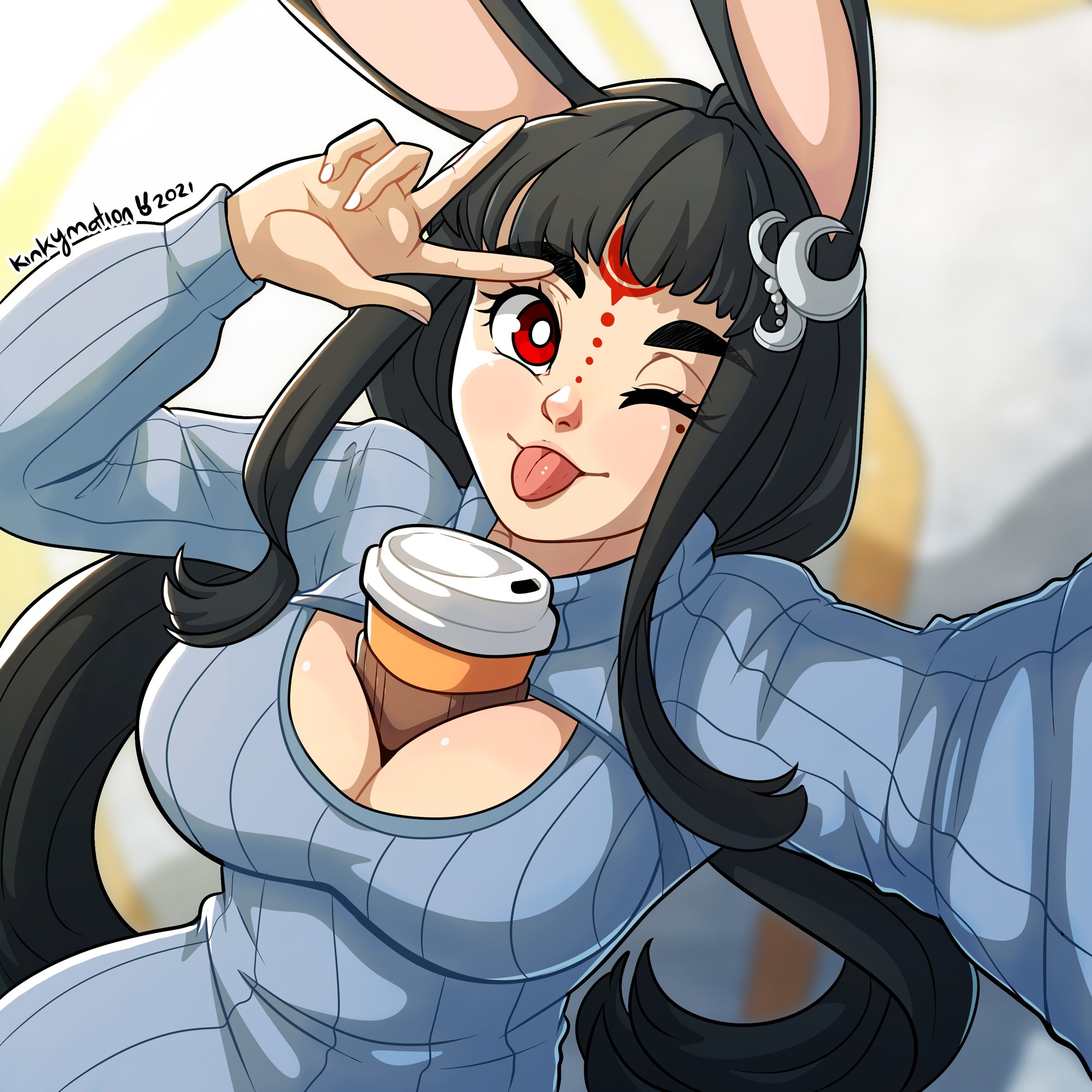 :p, 1girls, bangs, between breasts, black hair, blurry background, breasts, bunny ears, celeste (kinkymation), cleavage cutout, cup, female, female only, forehead mark, hair ornament, hi res, keyhole turtleneck, kinkymation, long hair, looking at viewer, mole, mole under eye, object between breasts, original, peace sign, red eyes, selfie, selfie pose, solo, solo female, solo focus, sweater, winking, winking at viewer
