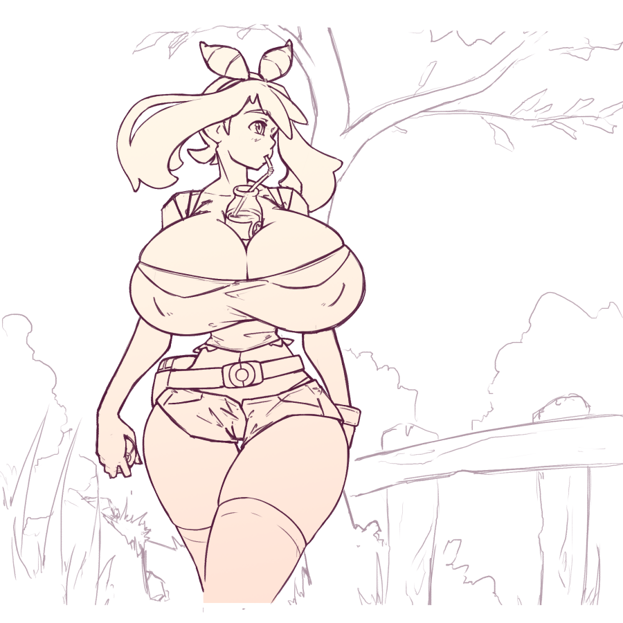 1girls, alternate breast size, breasts, bubble tea challenge, cleavage, drinking, female, female only, huge breasts, may (pokemon oras), may (pokemon), meme, milk, milk bottle, monochrome, n647, nintendo, nipple bulge, pokemon, pokemon oras, sketch, solo, thick thighs, thin waist, voluptuous, wide hips