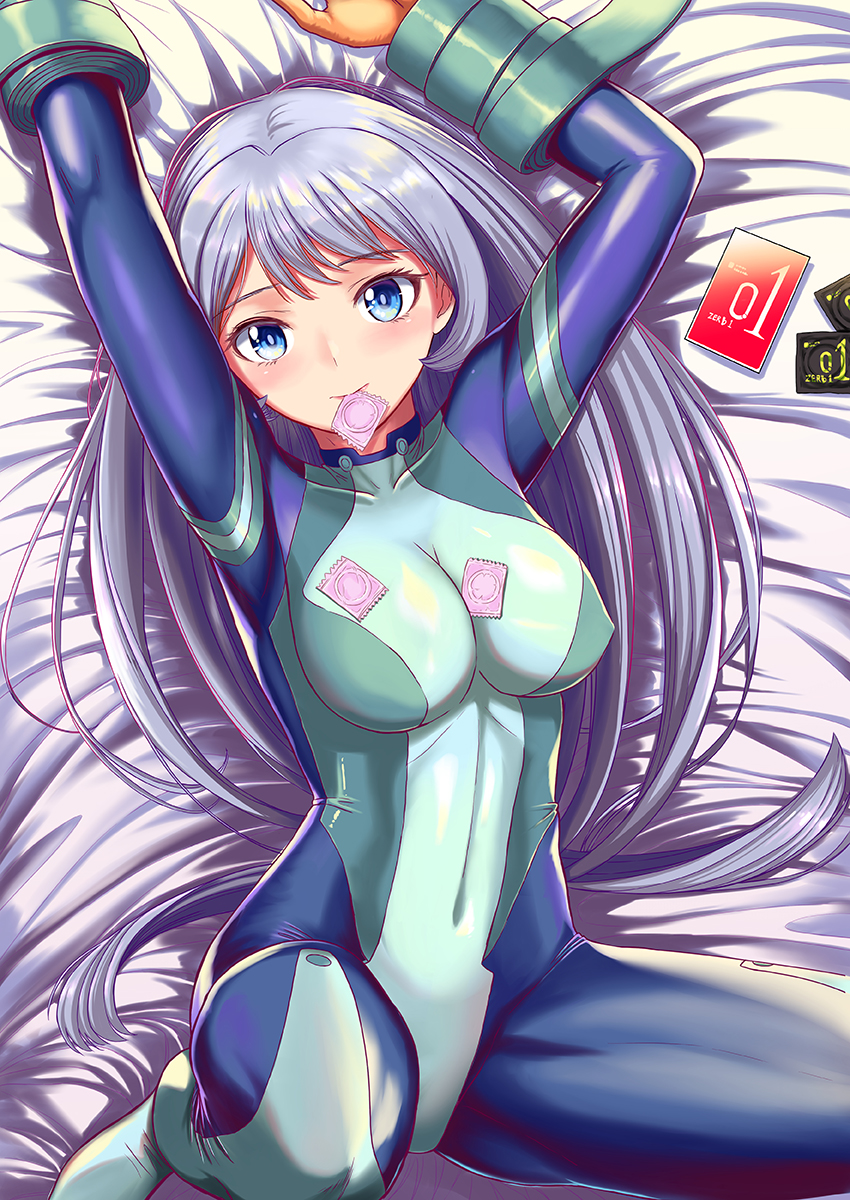 1girls, bed, blue eyes, blue hair, blue-haired female, breasts, clothed, clothed female, condom, condom in mouth, female, female only, hadou nejire, hadou nejire (hero outfit), hero outfit (mha), looking at viewer, my hero academia, nejire hado, nejire hado (hero outfit), solo, solo female