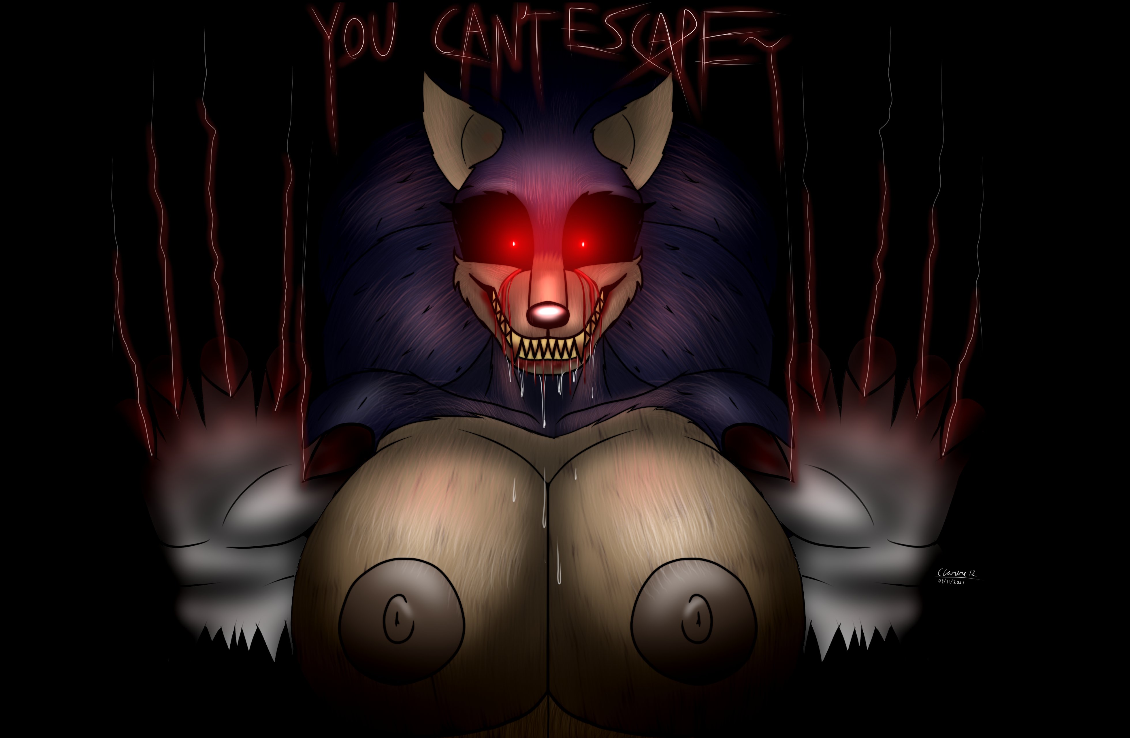 1girls, anthro, artist name, black sclera, blood, blood on hand, breaking the fourth wall, breasts, claws, cobalt canine, creepy, creepy, yet sexy, creepypasta, crying, crying with eyes open, english commentary, english text, female, furry, furry female, genderswap, genderswap (mtf), gloves, large breasts, looking at viewer, monster girl, nightmare waifu, nipples, red eyes, rule 63, saliva, sharp teeth, smile, smiling, solo, sonic (series), sonic the hedgehog, sonic.exe, sonic.exe (character), sonic.exe (creepypasta), sonic.exe (series), teeth