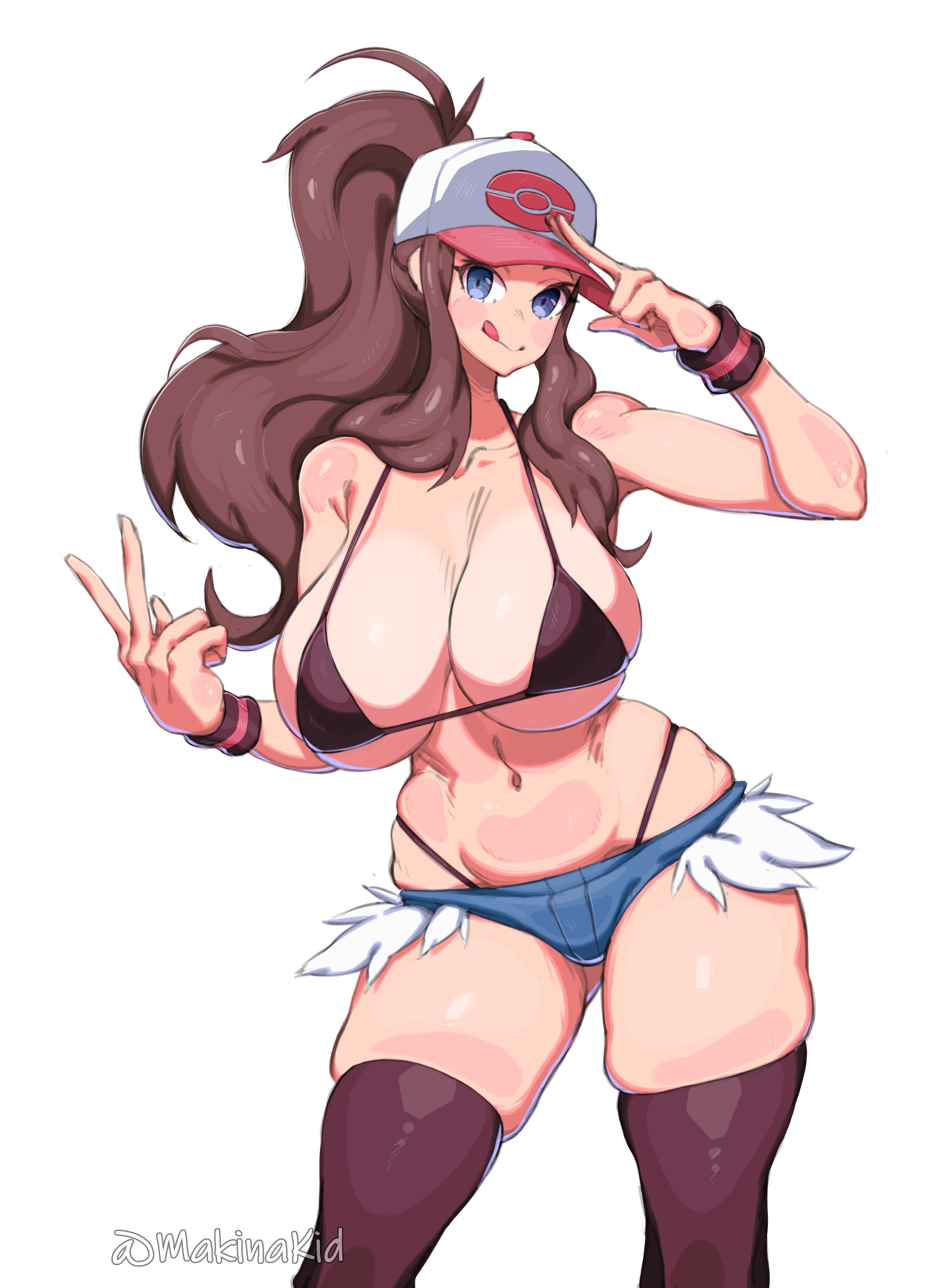 1girls, alternate breast size, alternate version available, big breasts, blue eyes, breasts, brown hair, female, female only, hilda (pokemon), huge breasts, large breasts, makinakid, minishorts, nintendo, pokemon, pokemon bw, shorts, solo, solo female, standing, thick thighs, thigh gap, thighhighs, thighs, thong, whale tail