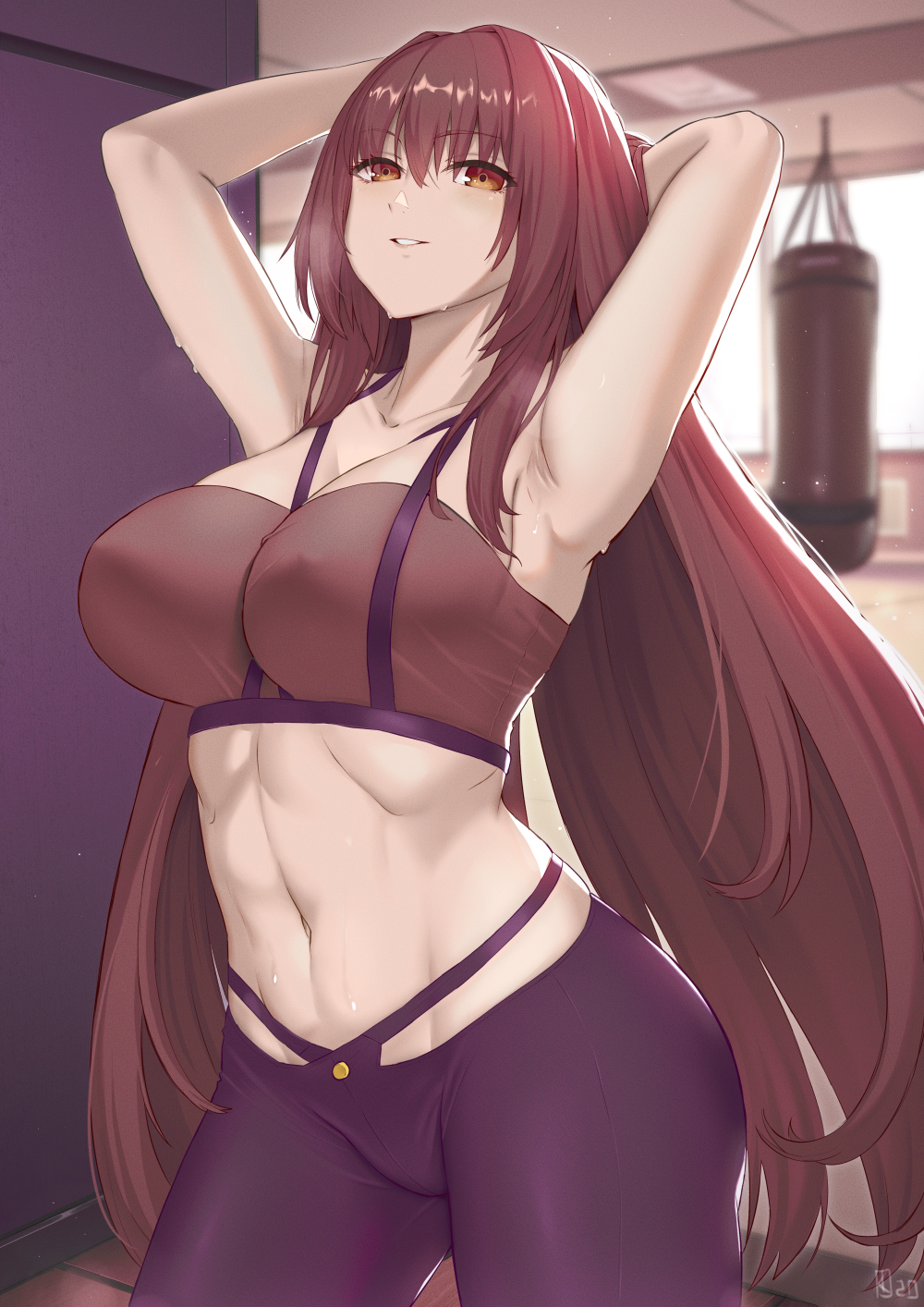 1girls 2020 armpits arms_behind_head arms_up bangs bare_shoulders black_pants blush bra breasts cleavage collarbone fate/grand_order fate_(series) female female_focus female_only gym hair_between_eyes hair_intakes highres kakeku large_breasts long_hair looking_at_viewer midriff navel pants punching_bag purple_bra purple_hair red_eyes scathach_(fate) smile solo solo_female sports_bra thighs tight tight_pants toned toned_female underwear yoga_pants