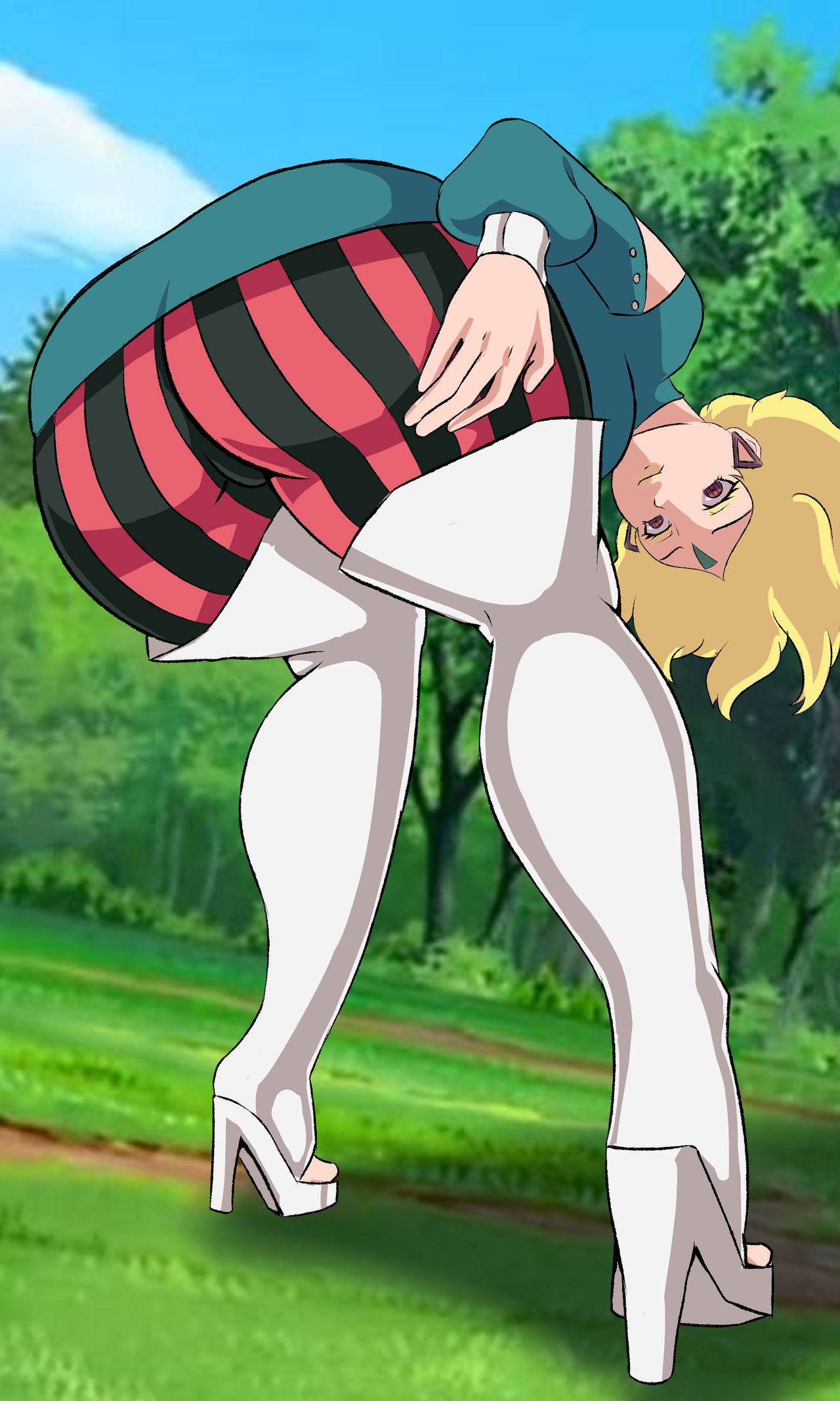 ass, ass focus, bent over, big ass, boots, boruto: naruto next generations, d28d28, delta (boruto), dress, earrings, eyeshadow, feet, female, female only, forest, from behind, fully clothed, high heel boots, lipstick, makeup, naruto, naruto (series), open toe shoes, outdoors, pants, pink eyes, presenting, presenting ass, presenting hindquarters, round ass, solo, solo focus, squatting, standing, striped legwear, stripes, thigh boots, yellow hair