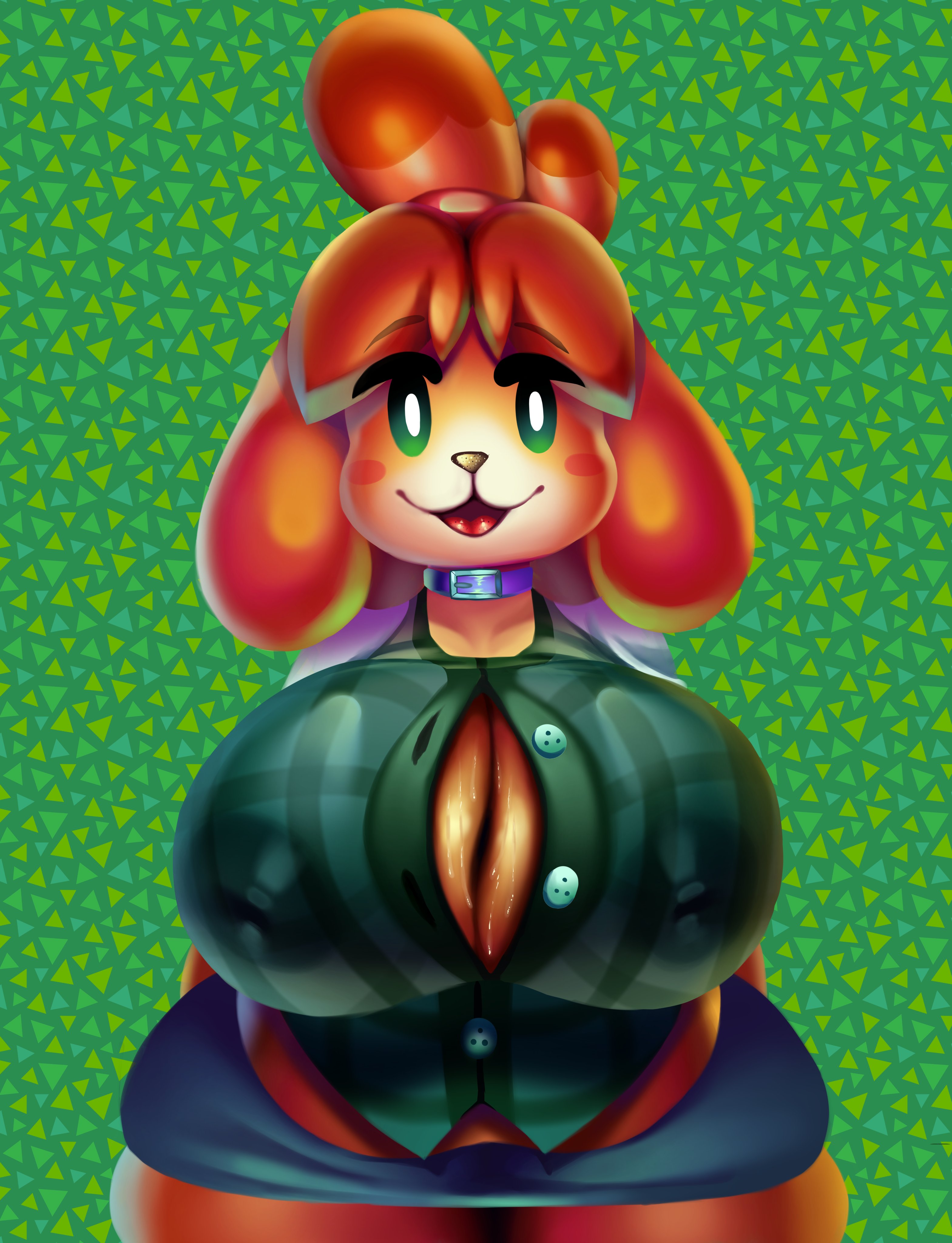 2020, animal crossing, big breasts, breasts, button gap, canine, cleavage, collar, female, fur, furry, green eyes, isabelle (animal crossing), isolatedartest, mostly clothed, nintendo, shortstack, solo, standing, sweat, sweaty breasts, thick, unbuttoned shirt, yellow fur