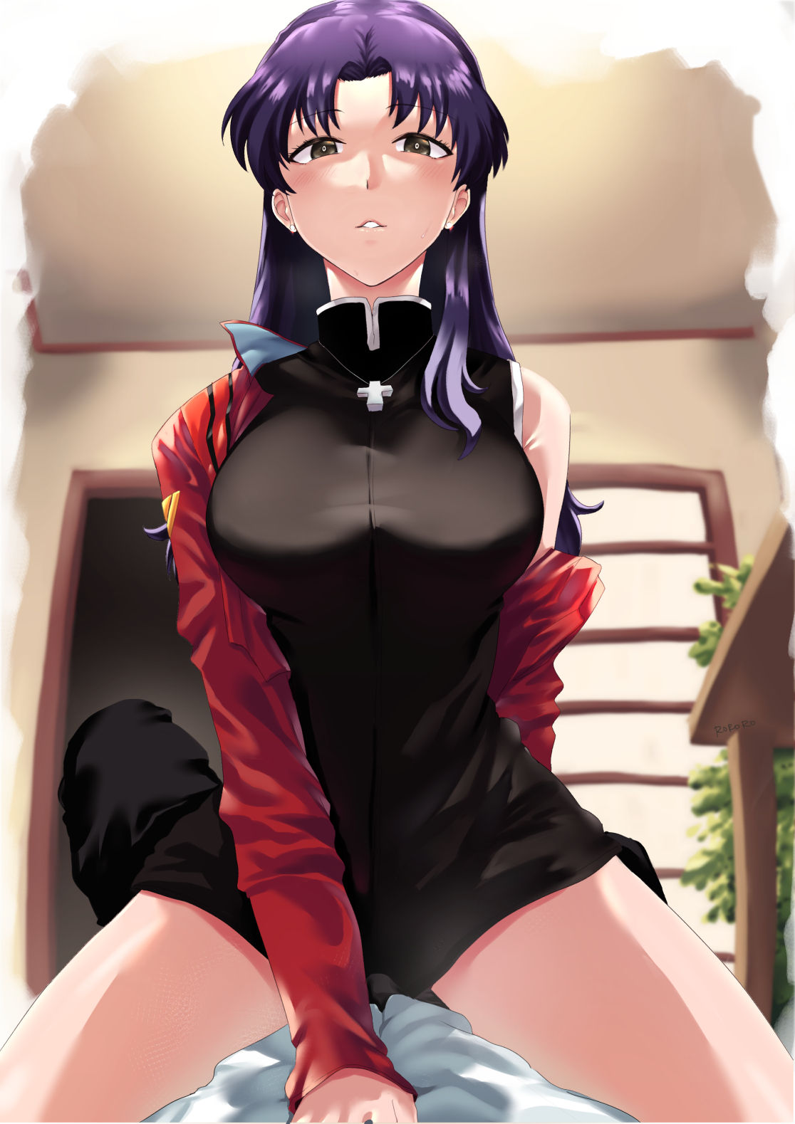 1boy 1girls 2022 adult_and_teenager adult_female age_difference artist_name big_breasts black_clothing black_dress blush breasts cleavage clothed_female cowgirl_position cross_necklace dress earrings female gainax human imminent_sex jacket large_breasts light-skinned_female light_skin long_hair looking_at_viewer male_pov mature_female medium_breasts misato_katsuragi necklace neon_genesis_evangelion older_female older_woman_and_teenage_boy older_woman_and_younger_boy pale-skinned_female pale_skin pov purple_hair red_clothing red_jacket rororo school_uniform schoolboy schoolboy_uniform shinji_ikari solo straight teenage_boy teenager thighs white_clothing younger_female