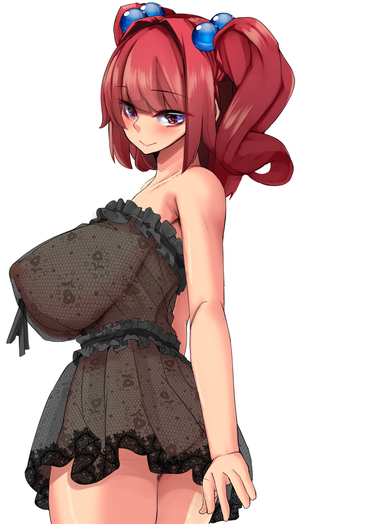 ass, breasts, eyebrows, eyebrows visible through hair, female, floral print, hair bobbles, hair ornament, highres, huge breasts, komachi onozuka, looking at viewer, nightgown, nipples, nude, red hair, see-through, short twintails, smile, solo, textless, touhou, twintails, two side up, yukito (dreamrider)