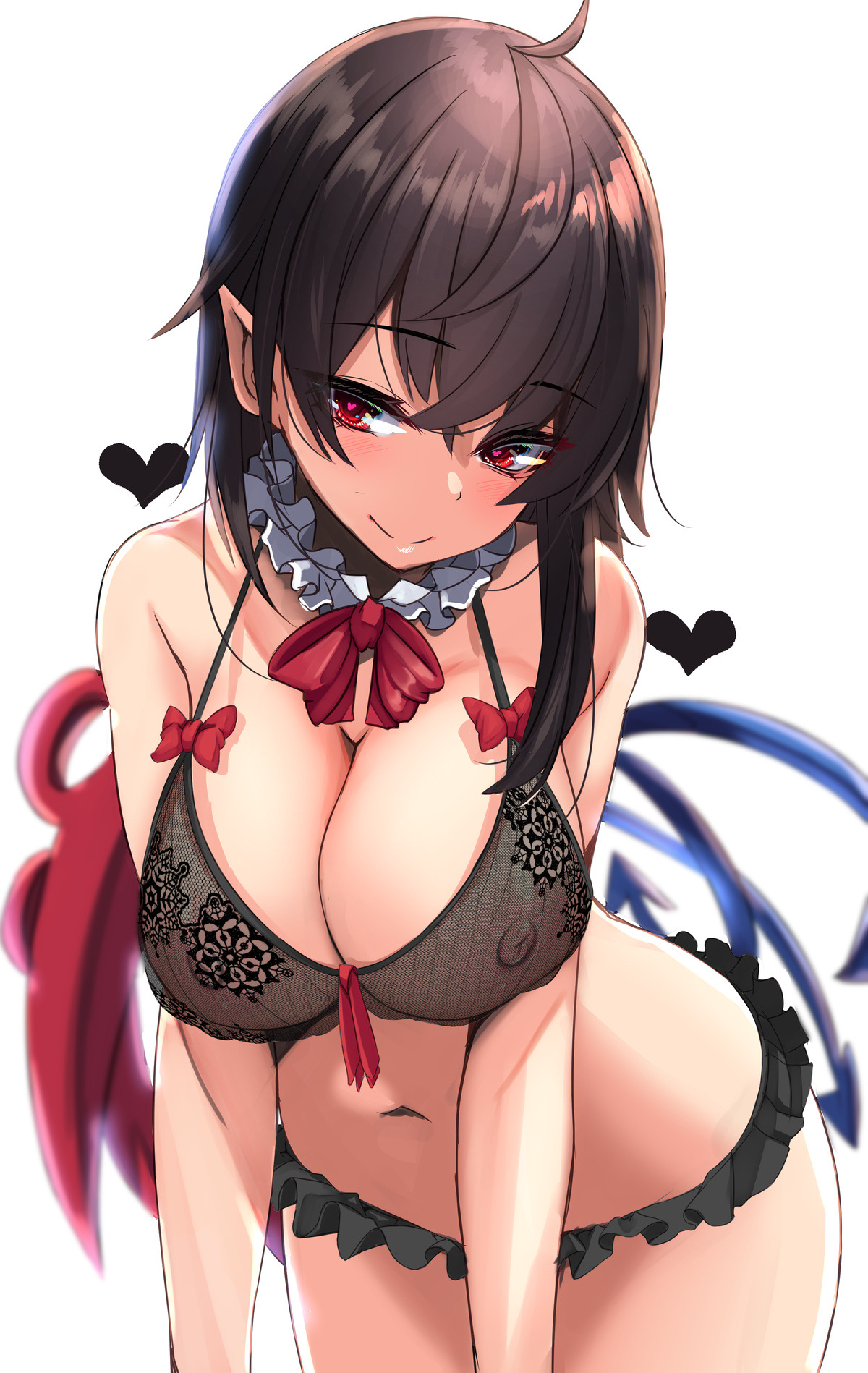 asymmetrical wings, black hair, blue wings, bow, bowtie, bra, breasts, cleavage, collar, covered nipples, female, frilled collar, frills, heart, heart-shaped pupils, higher resolution available, highres, lace, looking at viewer, microskirt, navel, nue houjuu, pointy ears, red eyes, red neckwear, red wings, see-through, short hair, simple background, skirt, smile, solo, symbol-shaped pupils, touhou, underwear, white background, wide hips, wings, yukito (dreamrider)