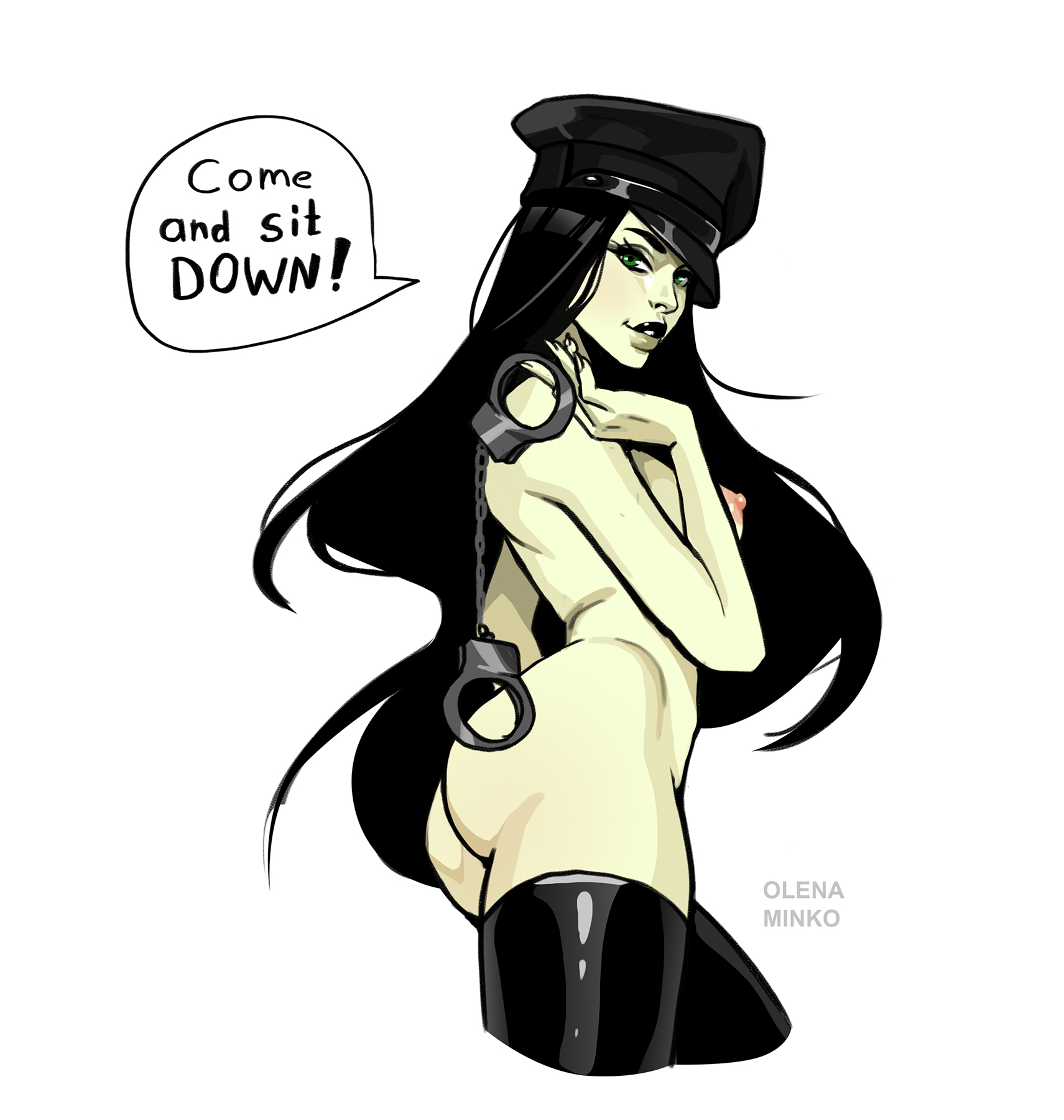1girls, areolae, ass, black hair, black lipstick, black thighhighs, bottomless, breasts, dialogue, disembodied, disney, disney channel, english text, female, female only, green eyes, handcuffs, hat, hi res, kim possible, light skin, light-skinned female, long hair, looking at viewer, minko, nipples, nude, nude female, pale skin, pale-skinned female, police hat, shego, side view, solo, solo female, speech bubble, tagme, talking to viewer, thick thighs, thighhighs, white background