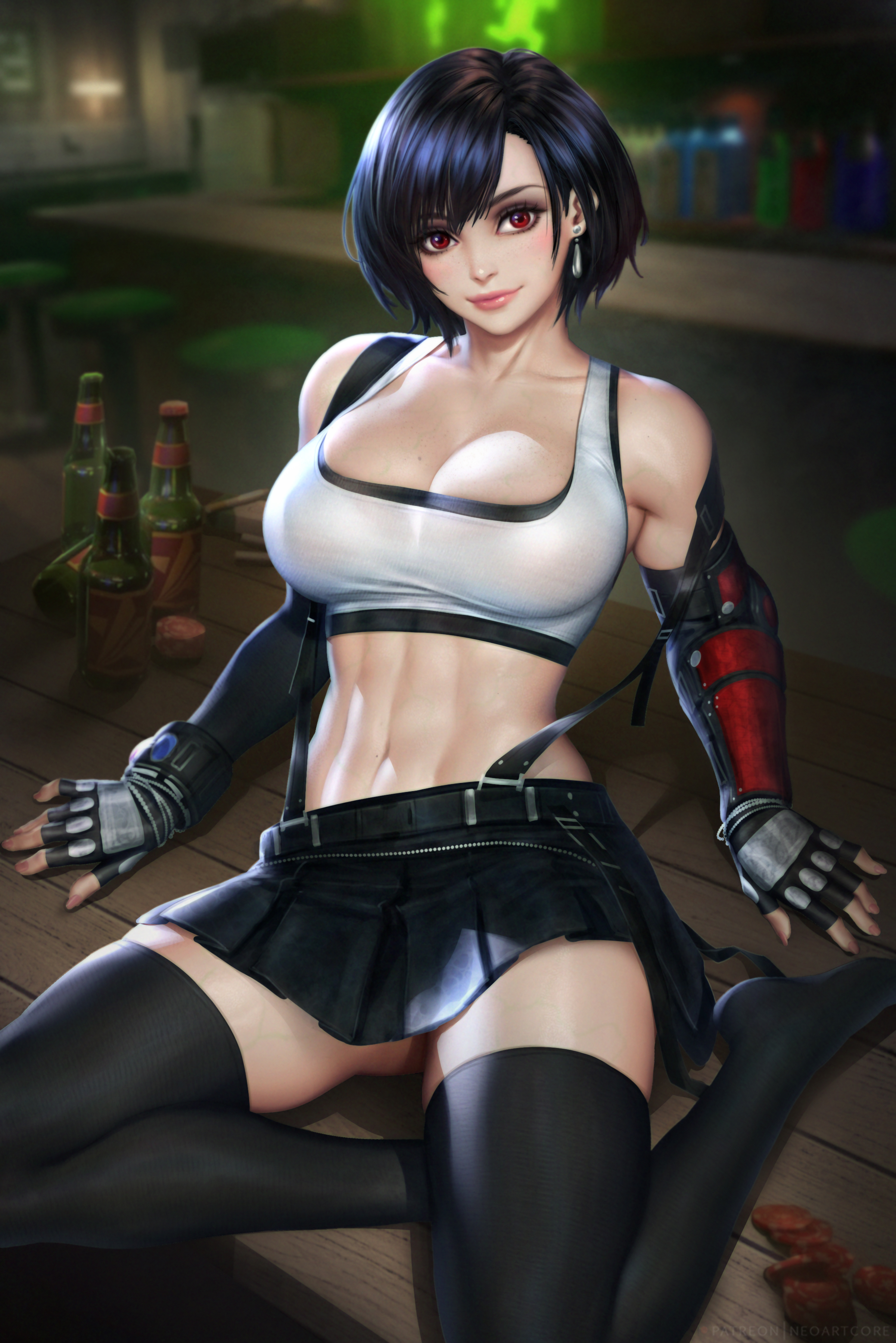 1girls, beer bottle, black hair, crop top, earring, female, female only, final fantasy, final fantasy vii, final fantasy vii remake, fingerless gloves, fully clothed, image set, looking at viewer, miniskirt, neoartcore, no shoes, nudtawut thongmai, poker chips, red eyes, short hair, sitting, sitting on table, skirt, solo, sports bra, square enix, suspenders, tagme, thigh highs, thighhighs, tifa lockhart