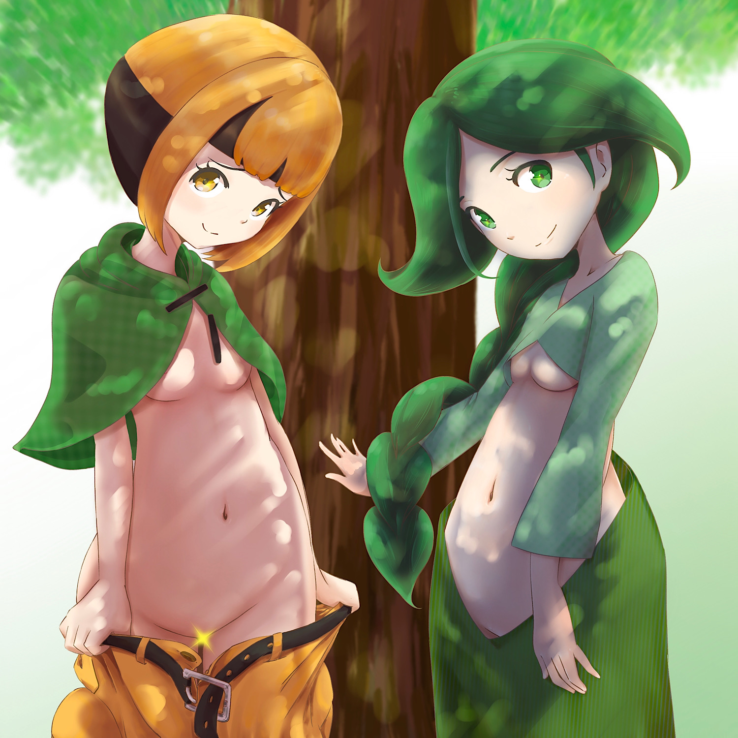 2girls, breasts, cheryl (pokemon), female, female only, gardenia (pokemon), looking at viewer, microsd (artist), multiple females, multiple girls, nintendo, pokemon, pokemon dppt, shirt lift, thick thighs, underboob