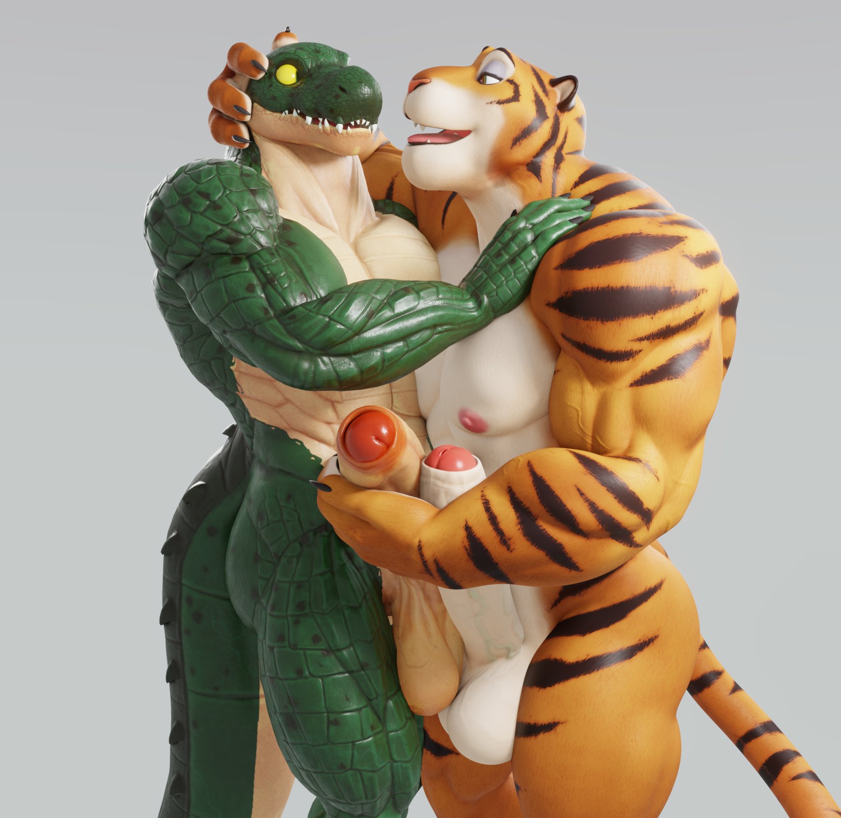 2021, 3d, abs, anthro, anthro on anthro, balls, balls touching, bara, big balls, big muscles, big penis, claws, collaboration, connivingrat, crocodile, crocodilian, crocodylid, digital media (artwork), disney, duo, embrace, erection, felid, foreskin, frottage, genitals, grey background, hand on head, helm (connivingrat), hi res, hug, humanoid genitalia, humanoid penis, large penis, looking at another, male, male only, male/male, mammal, muscles, muscular, muscular anthro, muscular male, narrowed eyes, nipples, nude, pantherine, pecs, penis, reptile, scalie, sex, simple background, smile, standing, teeth, tiger, tiger dancer (valorlynz), tiger dancer (zootopia), tongue, uncircumcised, valorlynz, vein, veiny penis, yaoi, zootopia