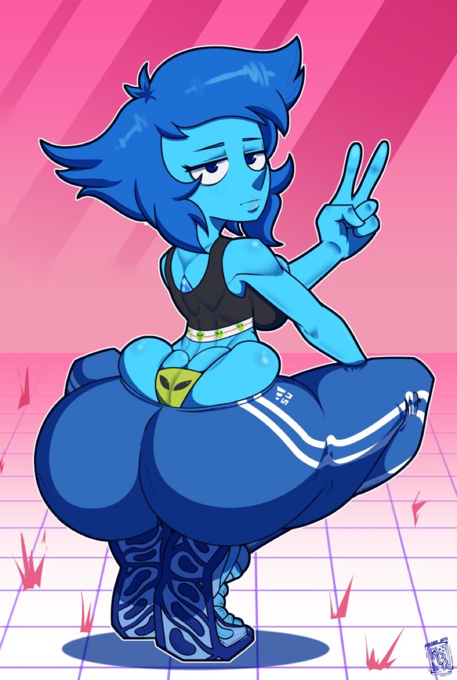 1girls, alien panties, ass, big ass, cartoon network, eyes half open, fat ass, female, gem (species), lapis lazuli (steven universe), looking at viewer, looking back, panties, panties showing, peace sign, presenting hindquarters, shoes, skindentation, squatting, steven universe, tight pants
