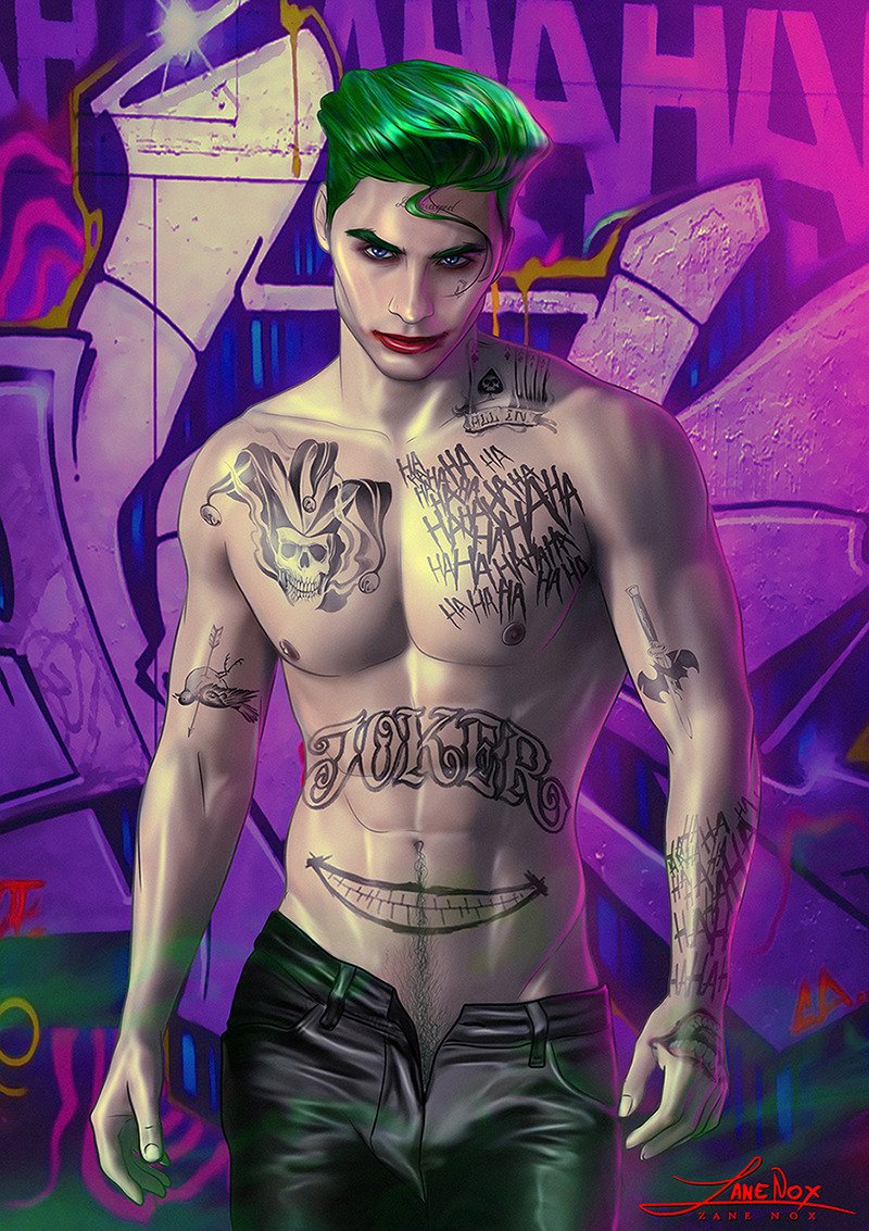 1boy batman_(series) dc dc_comics green_hair human human_only male male_focus male_only pants_only solo solo_male suicide_squad_(2016) tattoos the_joker topless topless_male zane_nox